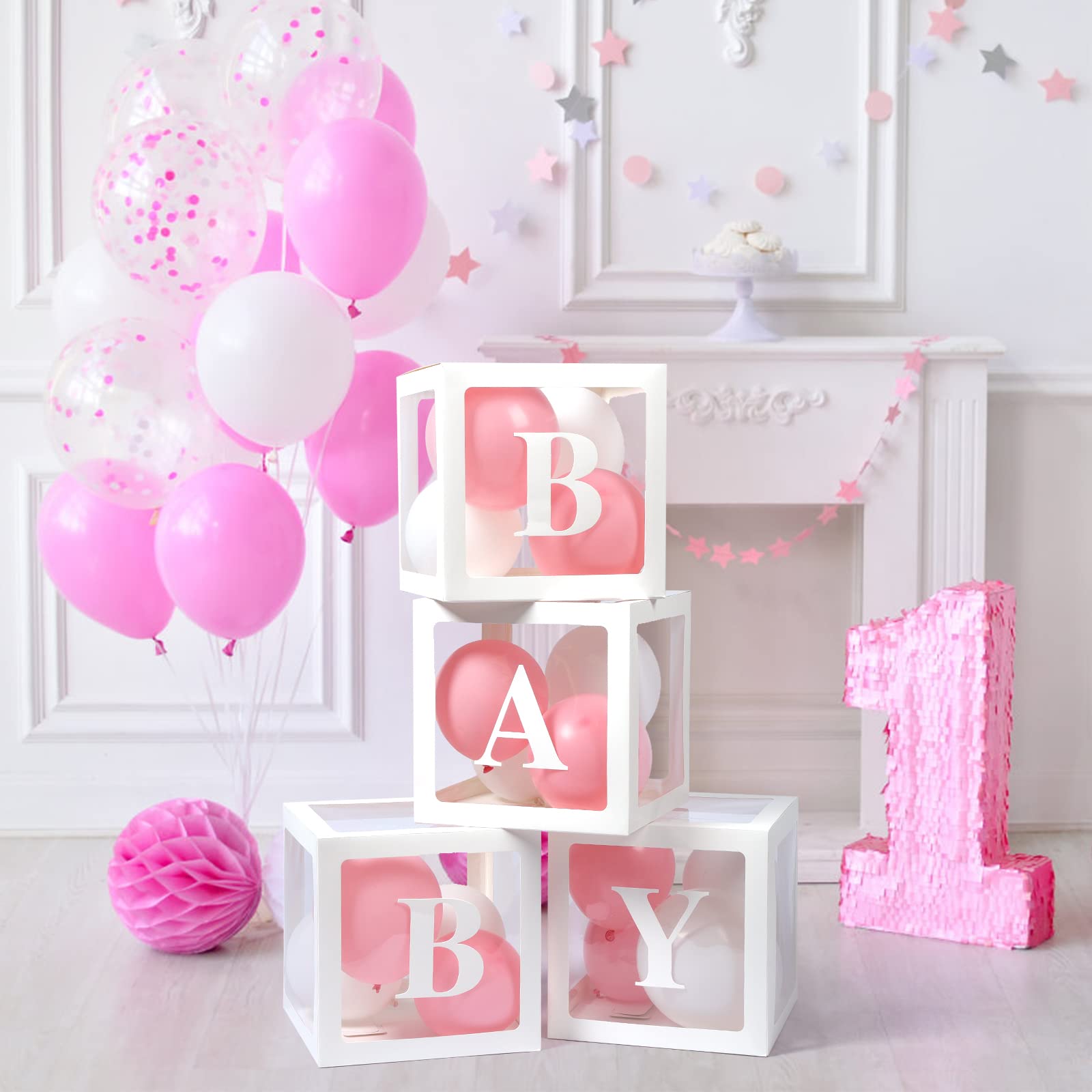 Baby Boxes with Letters for Baby Shower, 4 Transparent Balloon Boxes with Letters for Gender Reveal Birthday Wedding Baby Shower Decorations (White)