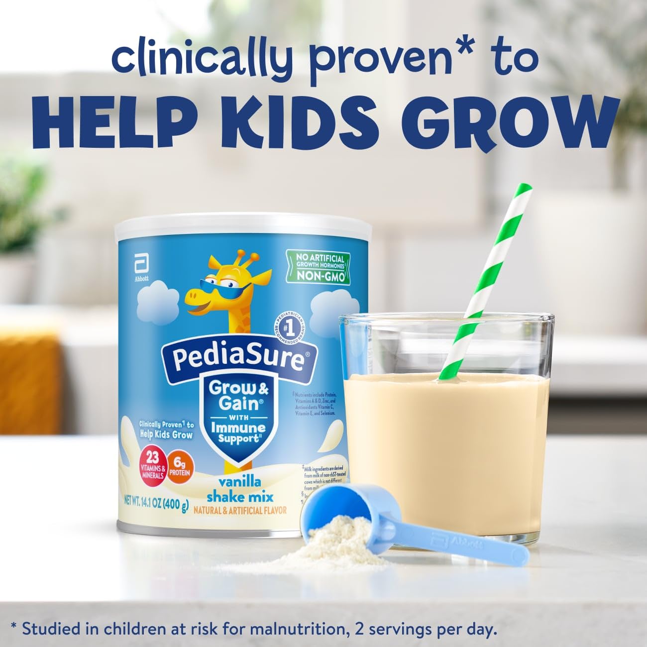 PediaSure Grow & Gain with Immune Support Shake Mix Powder, 23 Vitamins & Minerals, 6g Protein, Non-GMO, Gluten-Free, Vanilla, 14.1 oz Can, Pack of 3-24 servings