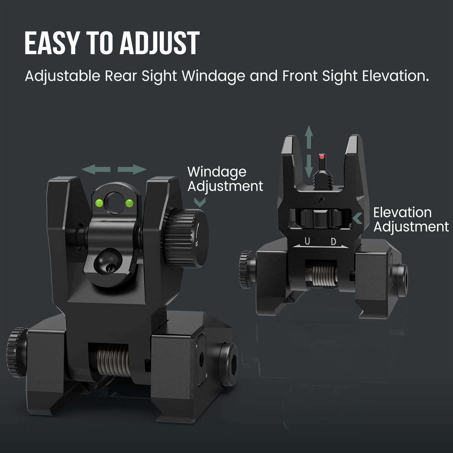 VOTATU V2 Fiber Optic Iron Sights, Flip Up Front and Rear Backup Sights with Green Red Dots, Adjustable Front Sight Rapid Transition