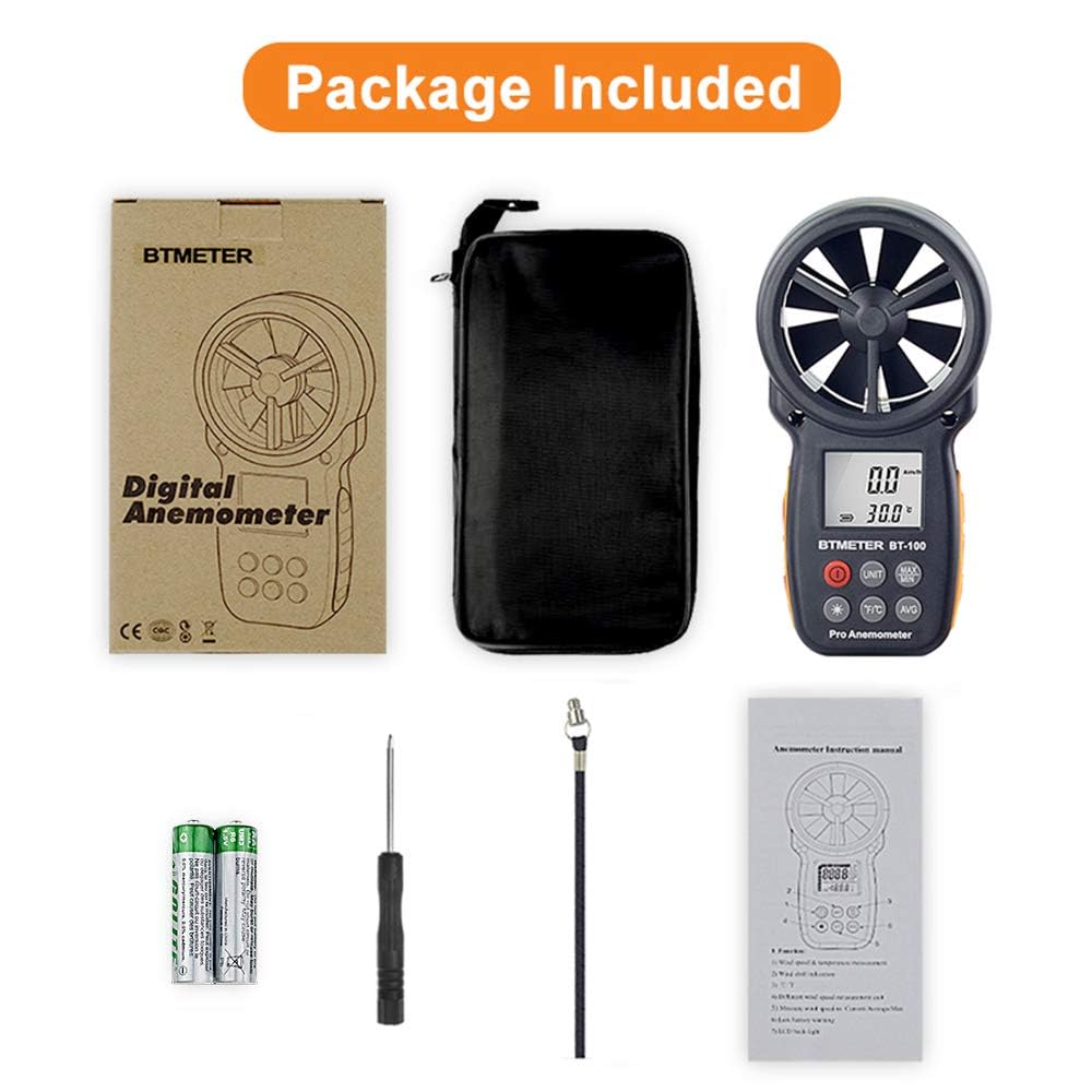 BTMETER BT-100 Handheld Anemometer, Digital Wind Speed CFM Meter Gauge Air Flow Velocity Tester for HVAC Shooting Drone, Wind Chill, 14℉-113℉ Wind Temperature
