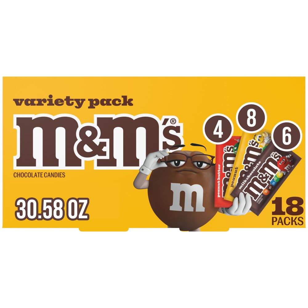 M&M's Milk Chocolate, Peanut & Peanut Butter Full Size Chocolate Halloween Candy Assortment Trick or Treat Gifts - 18 Piece Bulk Candy Box