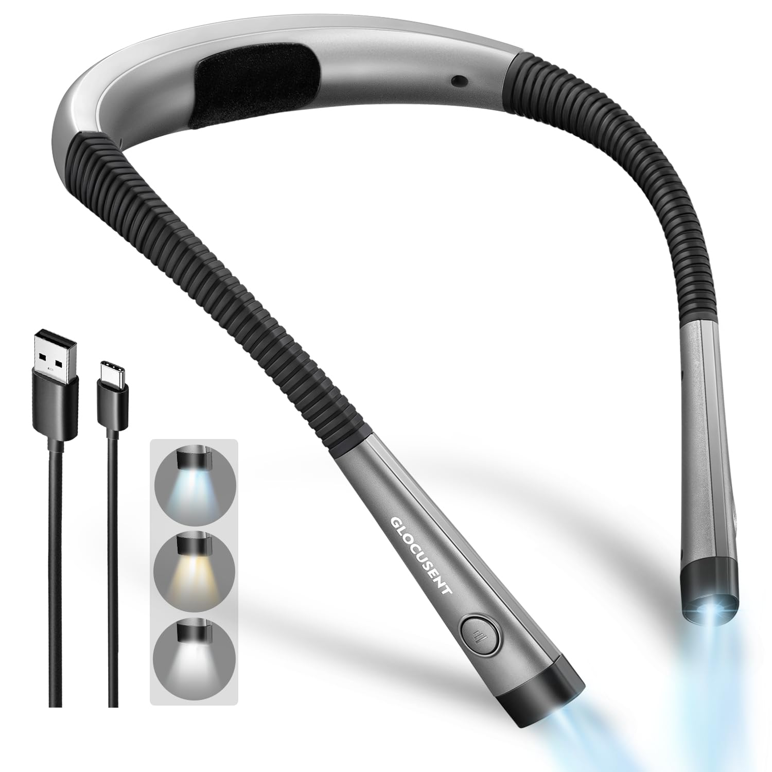 Glocusent Buchlicht, 3-farbige & 6-Helligkeits Leselampe, biegsame Nackenlampe, 80 Std. haltende wiederaufladbare Lampe, perfektes Buchlicht zum Lesen im Bett, Stricken, Camping, Reparieren, Geschenke für Buchliebhaber