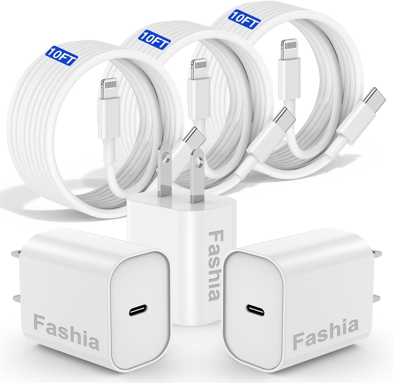 [3x10FT] for iPhone Charger, 20W USB C Fast Wall Charger with 10 ft USB C to Lightning Cable, iPhone Charger Fast Charging Block with Long iPhone Chargers Cord for iPhone 14 13 12 11 Pro Max/XS-White