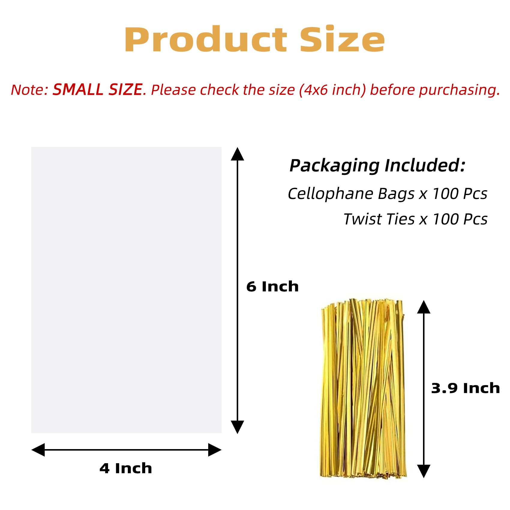 Yotelab Cellophane Treat Bags, Small 4x6 Inches Cellophane Bags With Twist Ties,100 Pcs