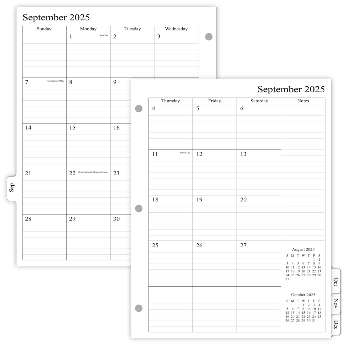 newestor 2025-2026 Monatskalender-Nachfüllpackung für 3-Ring-Ordner, Sep. 2025 - Dez. 2026, zwei Seiten pro Monat, 8-1/2" x 11", Monarch/Folio Größe 5