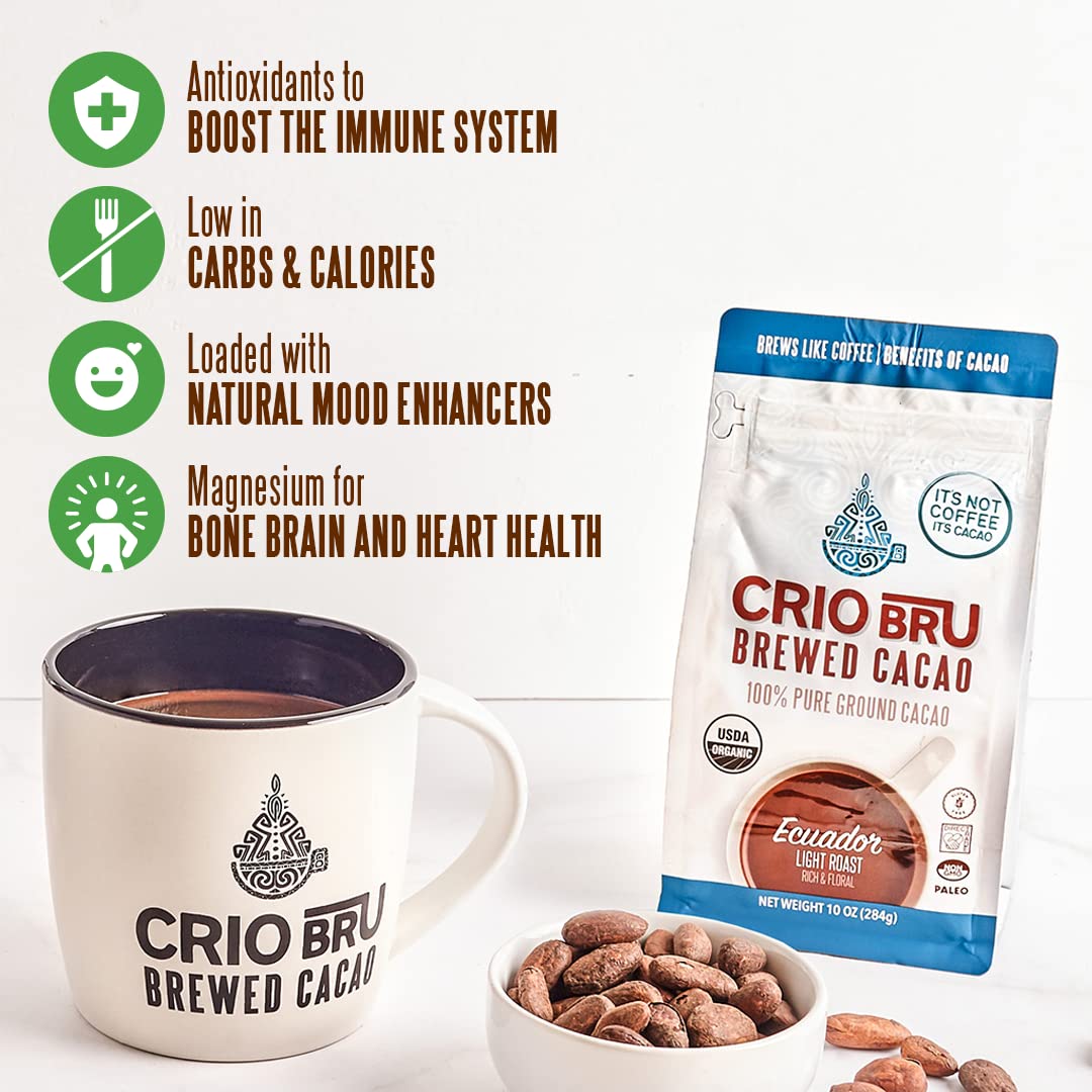 Crio Bru Brewed Cacao Nicaragua Medium Roast - Coffee Alternative Natural Healthy Drink | 100% Pure Ground Cacao Beans | 99.99% Caffeine Free, Keto, Low Carb, Paleo, Non-GMO, Organic (10ozFBM)