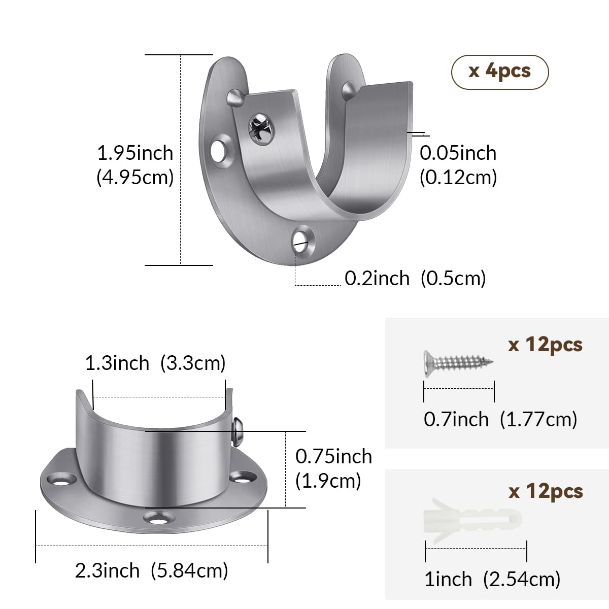 4 Packs Stainless Steel Wardrobe Bracket U-Shaped Rod Socket Flange 1-1/4" Diameter Heavy Duty Closet Rod Brackets End Supports for Closet Rod with Screws (Silver)