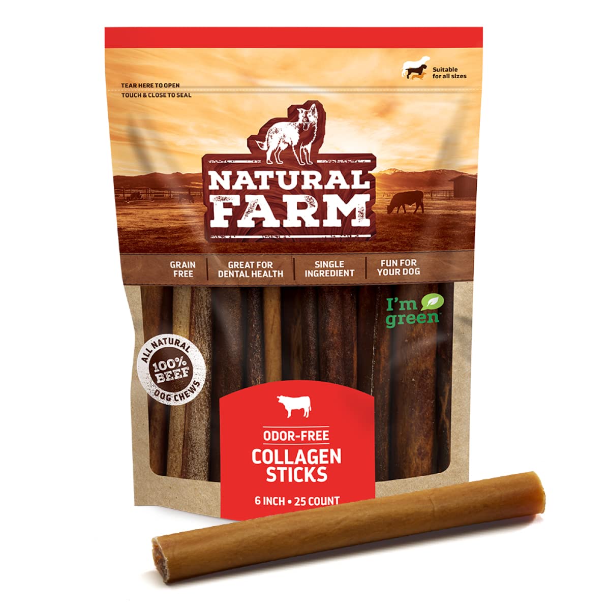 Natural Farm Collagen Sticks for Dogs (6 Inch, 25 Pack), Odor-Free Long Lasting Collagen Chews & Rawhide Alternative- 95% Collagen, Low Fat, High Protein- Best Dental Dog Treats – Medium & Large Dogs