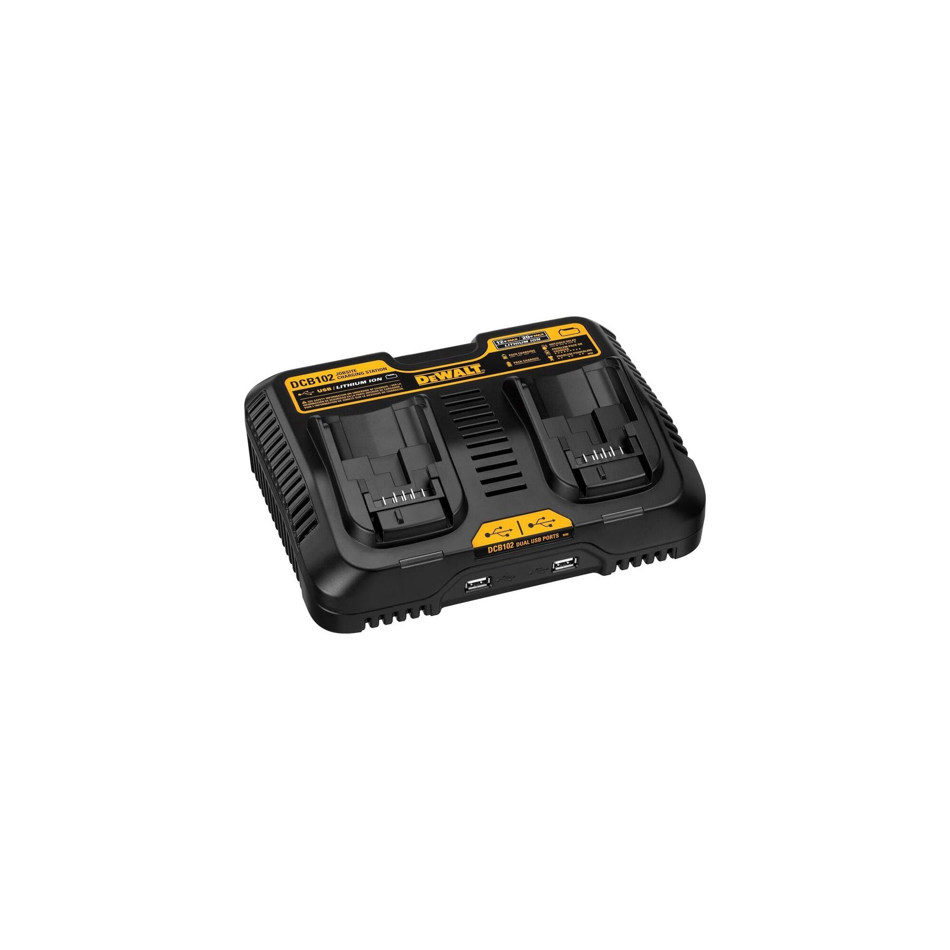 DEWALT 12/20V MAX Battery Charger, Corded, Dual Charging Station, 2-USB Ports Included (DCB102)