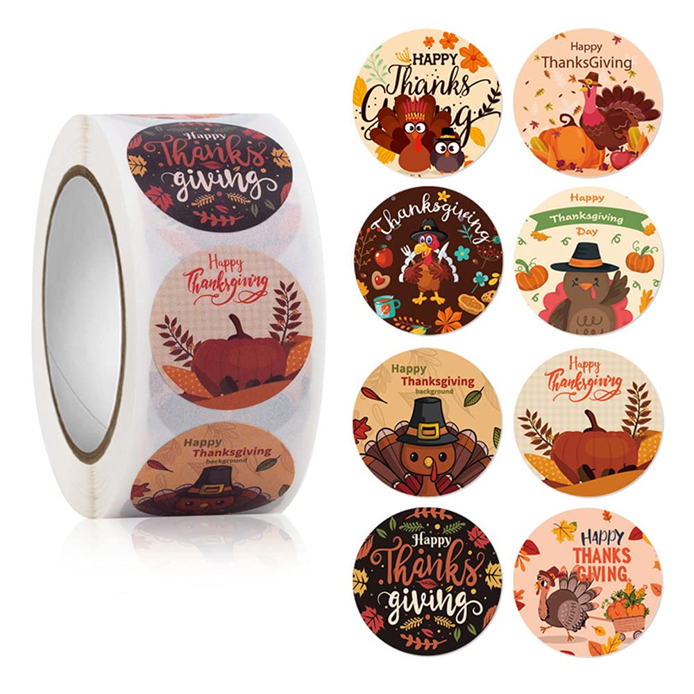 500 Pcs Thanksgiving Stickers Roll,1 Inch 8 Designs Happy Thanksgiving Turkey Theme Sticker for Thanksgiving Party Favors Supplies Envelope Seals Gift Card Gift Box Decoration