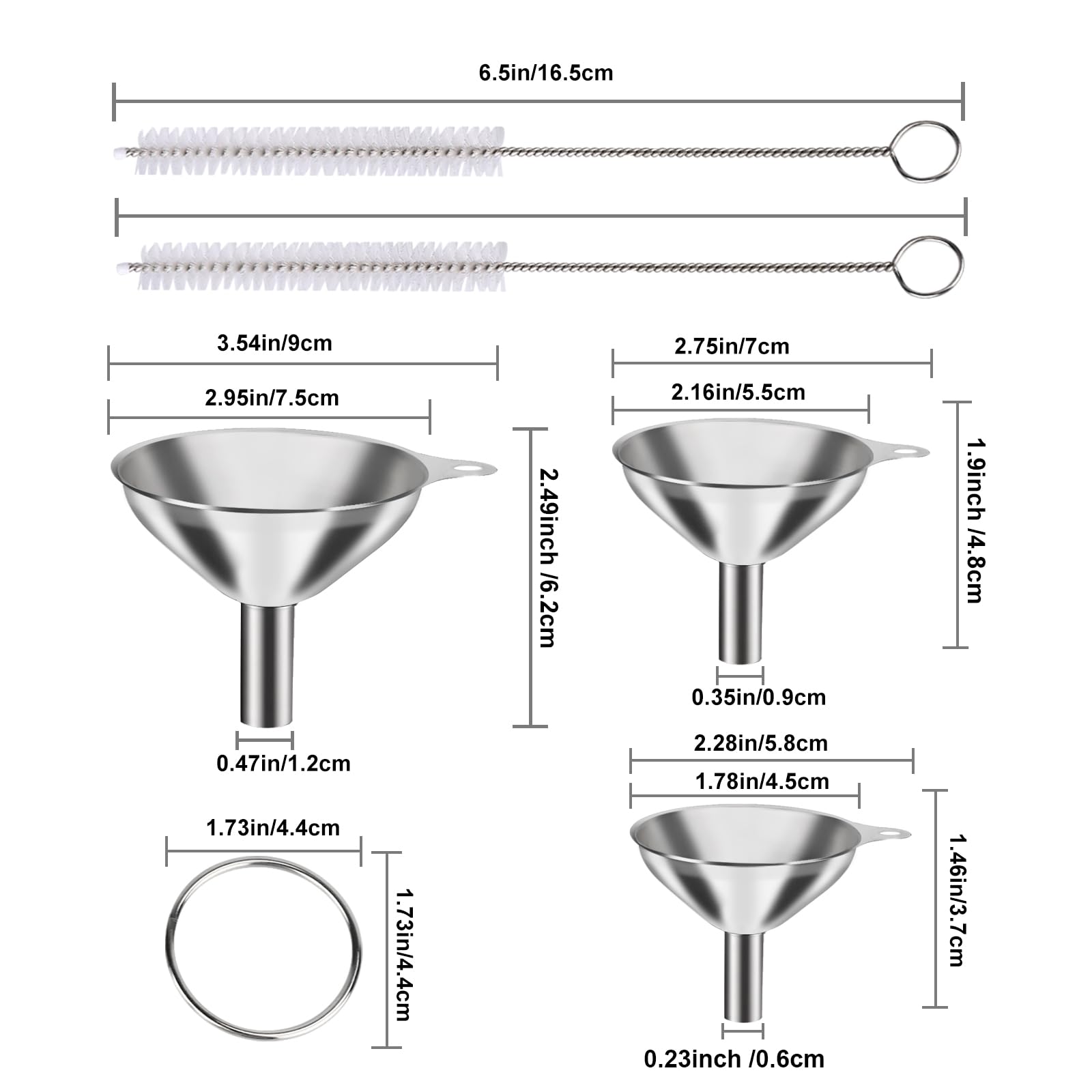 Metal Stainless Steel Funnel, Large Medium Small Funnel Set of 3, Food Grade Mini Funnels for Kitchen Use Filling Bottles Flask Cooking, 2 Brushes YLYL
