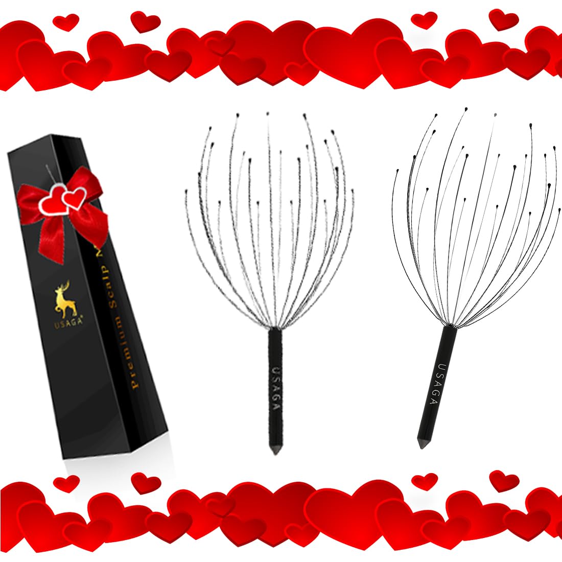 USAGA Head Massager Scalp Massager 20 Fingers Head Scratcher for Scalp Body Relaxing (Black & Black)