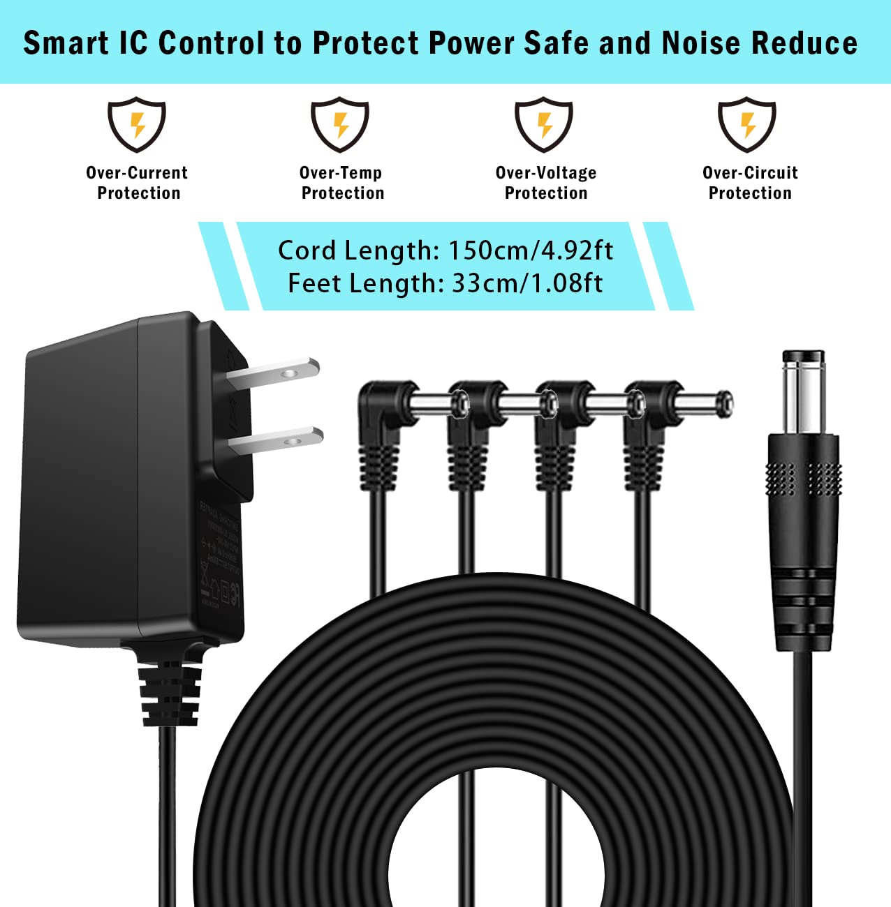 JOYO DC 9V Guitar Pedal Power Supply (800mA -1A) AC Wall Charger Adapter with 4 Way Daisy Chain Pedal Cables (8.8 FT), Compatible for Most Effect Pedals (Tip Negative)