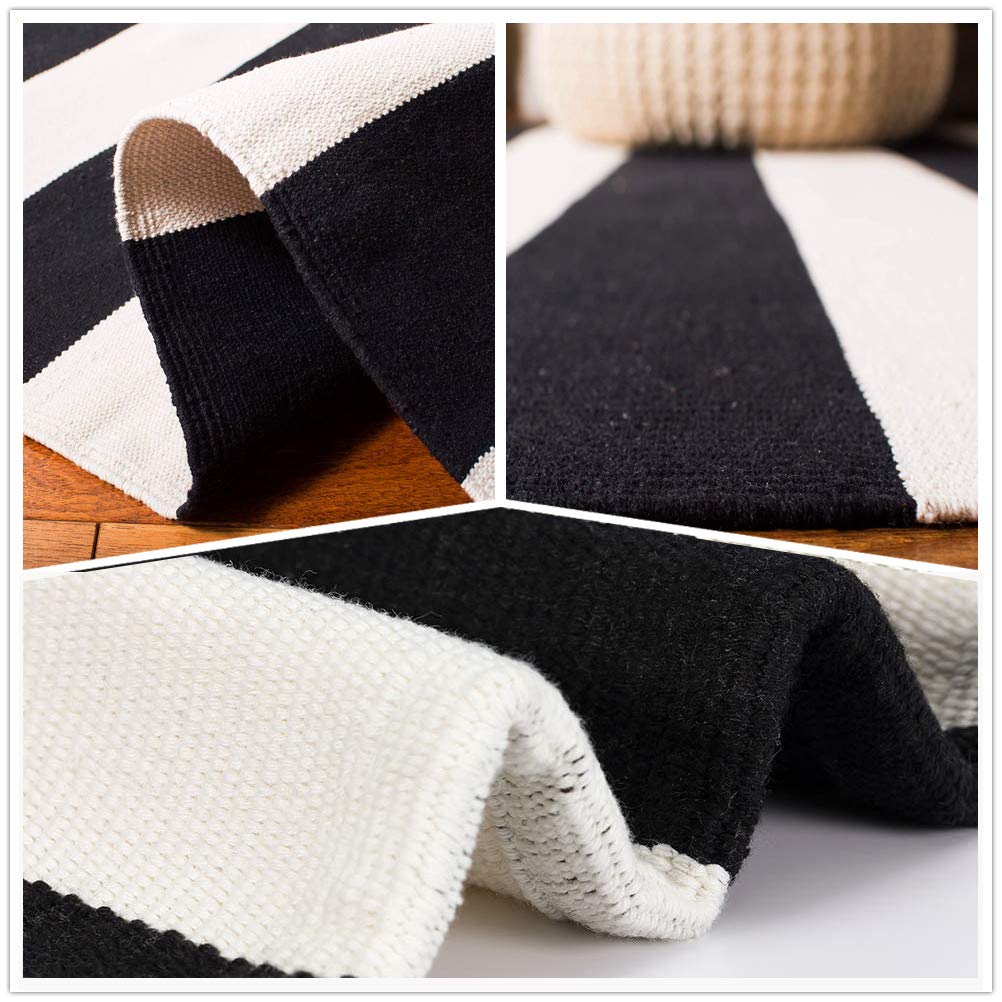 KaHouen Black and White Striped Rug (23.6 x 51.2 Inches), Striped Layering Mats, Handmade Woven Indoor Outdoor Doormats Striped Rug for Kitchen/Laundry/Bathroom/Living Room
