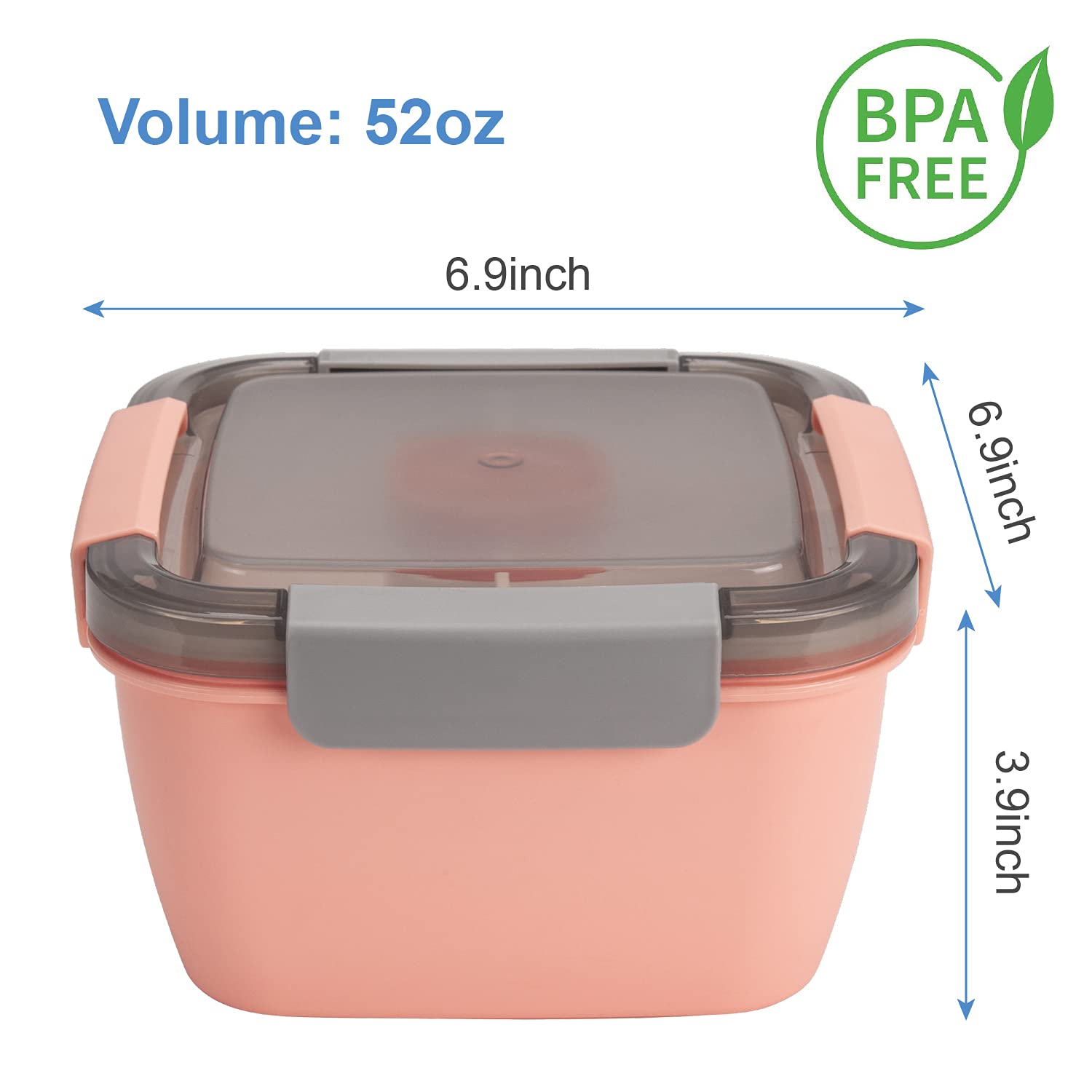 Freshmage Salad Lunch Containers To Go, 2 Pack 52-oz Bowls with 3 Compartments, Dressing Containers for Toppings, Snacks - Pink & Green