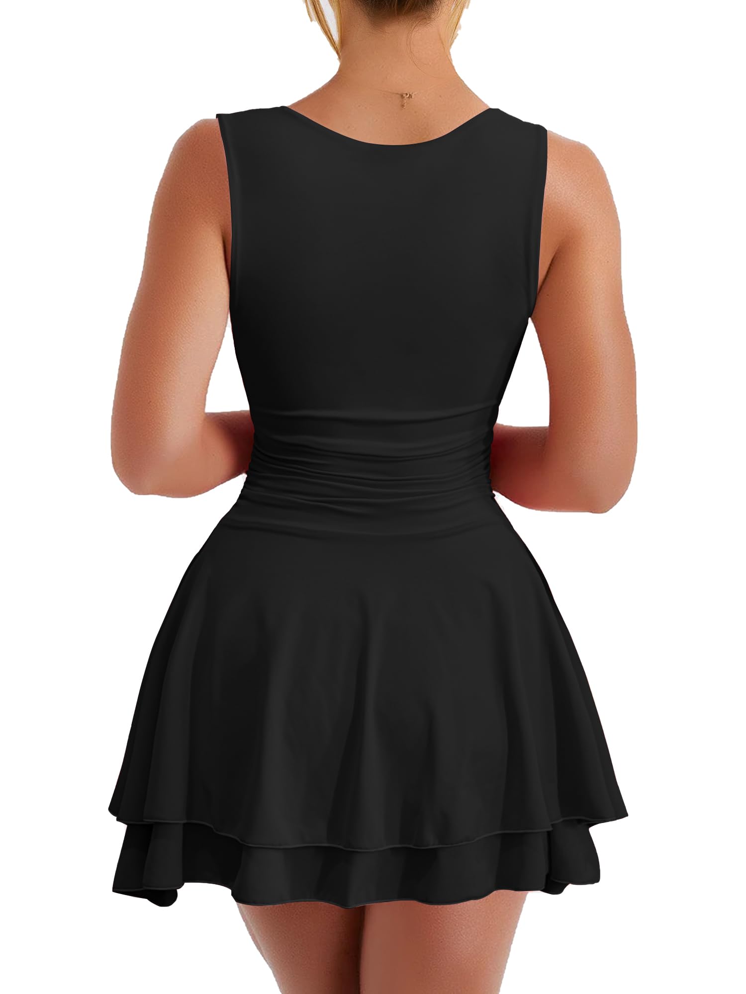 Kaximil Women's Square Neck Ruffle Hem Mini Dress Ruched Waist Short Party Dresses, Medium, Black