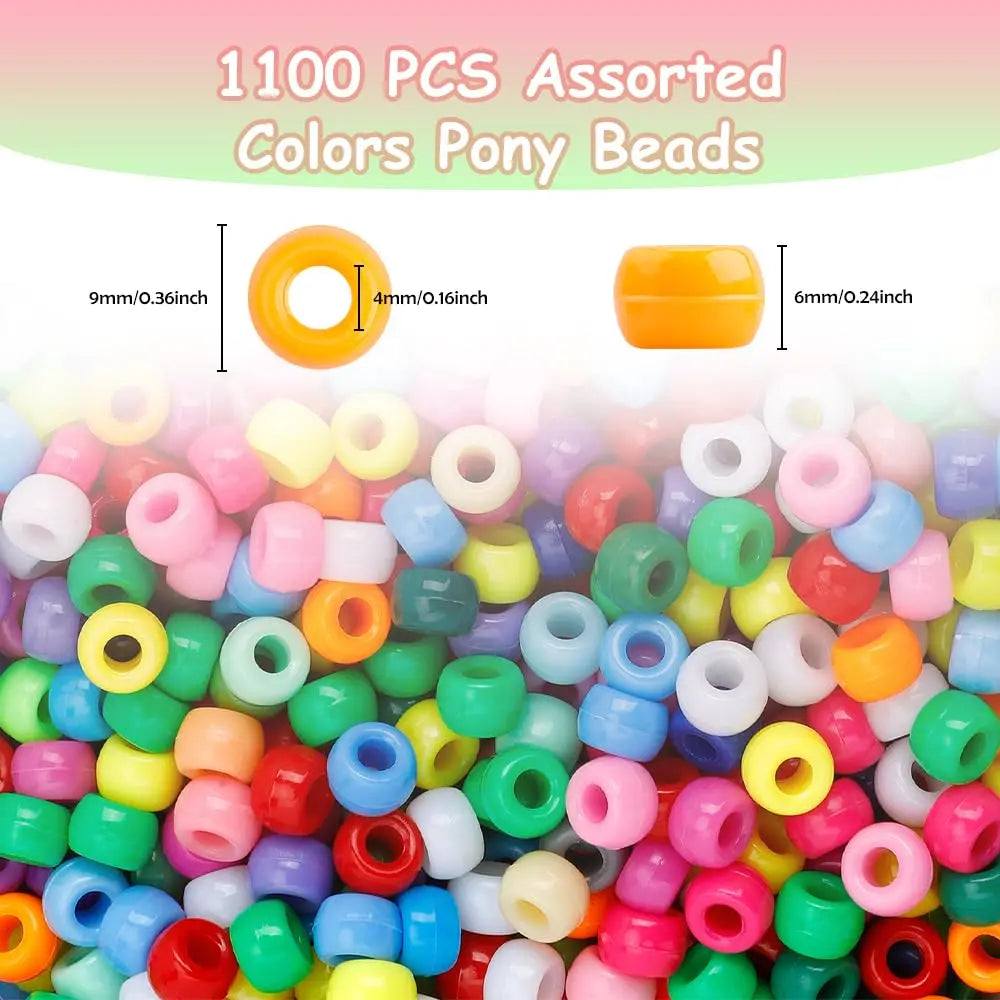 Pony Beads 1100 Pcs,Beads for Jewelry Bracelets Making,Bracelet Bead,Plastic Hair Bead for Braids for Girls for Craft,Gifts for Girls (Multicolored)