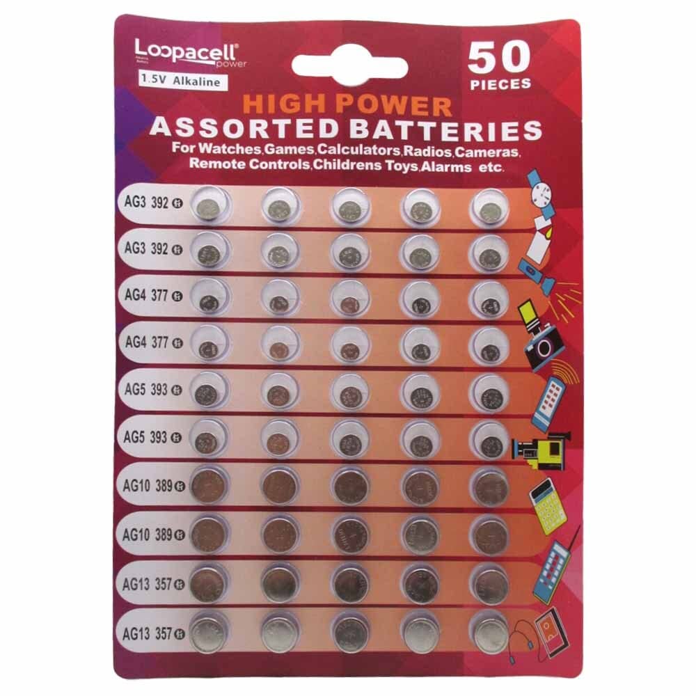 Loopacell Hochleistungs-Super-Alkaline-Knopfzellen-Sortiment 1,5V Batterie AG3/LR41 AG4/LR626 AG5/LR754 AG10/LR1130 AG13/LR44, 50 Stück (1er Pack)