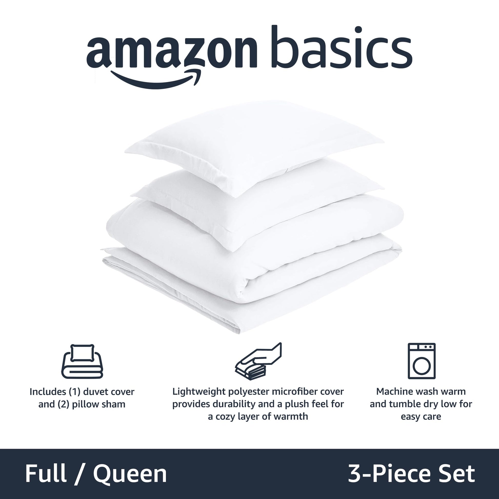 Amazon Basics Lightweight Microfiber 3 Piece Duvet Cover Set with Zipper Closure, Full/Queen, Bright White, Solid