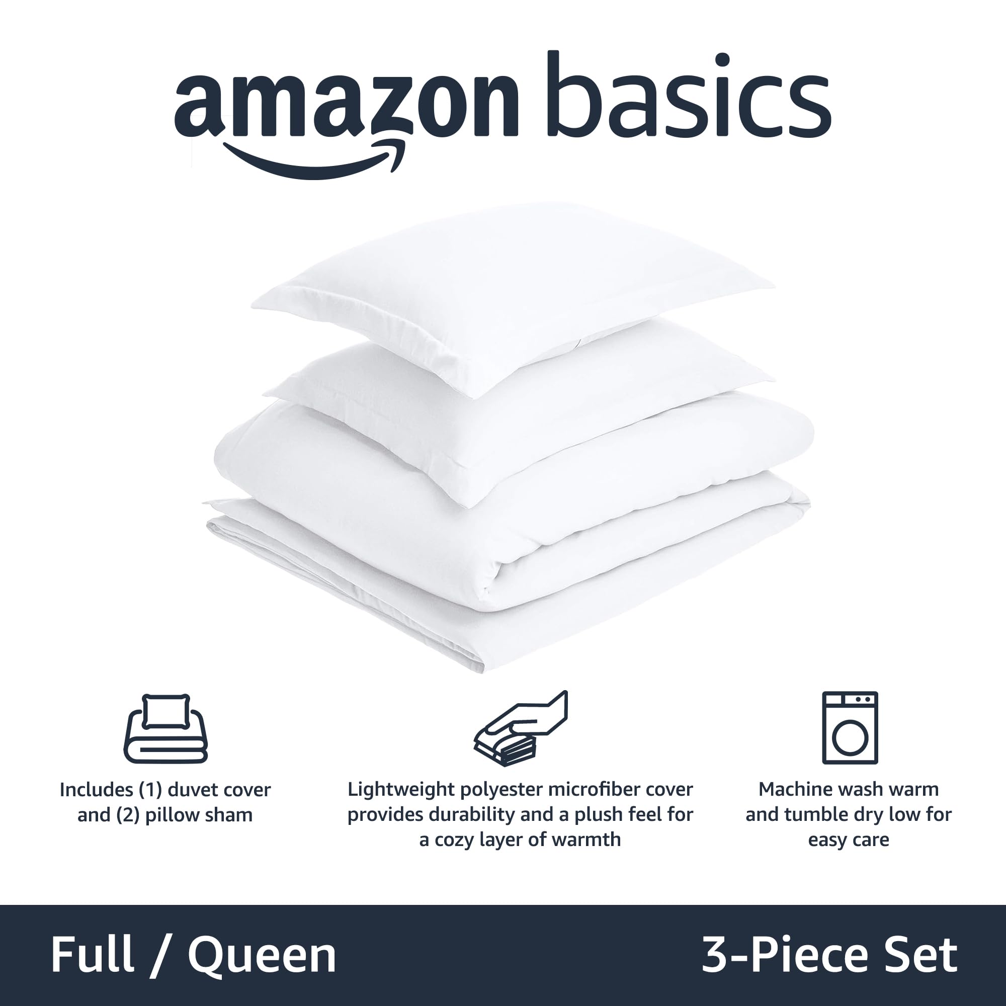 Amazon Basics Lightweight Microfiber 3 Piece Duvet Cover Set with Zipper Closure, Full/Queen, Bright White, Solid