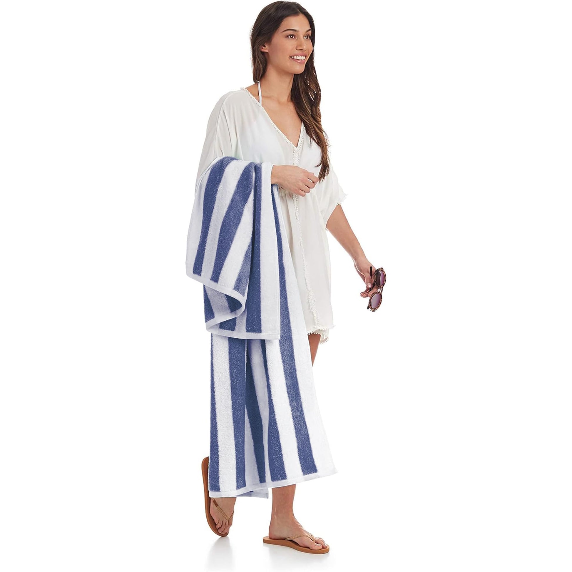 Amazon Basics 100% Cotton Terry Absorbent Cabana Stripe Pool & Beach Towels, Soft, Large, and Thick, 2-Pack, Navy Blue, 30 in x 60 in