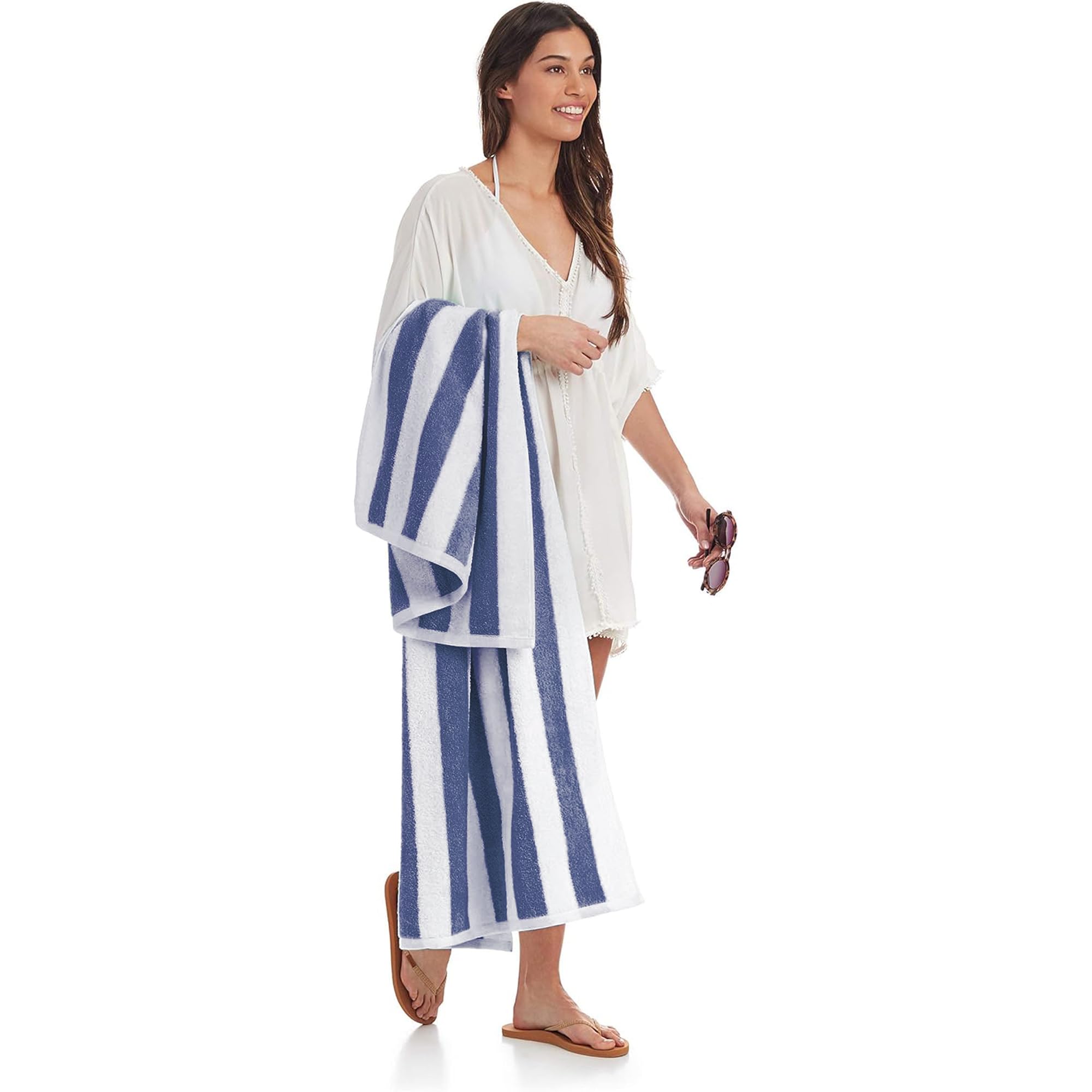 Amazon Basics 100% Cotton Terry Absorbent Cabana Stripe Pool & Beach Towels, Soft, Large, and Thick, 2-Pack, Navy Blue, 30 in x 60 in