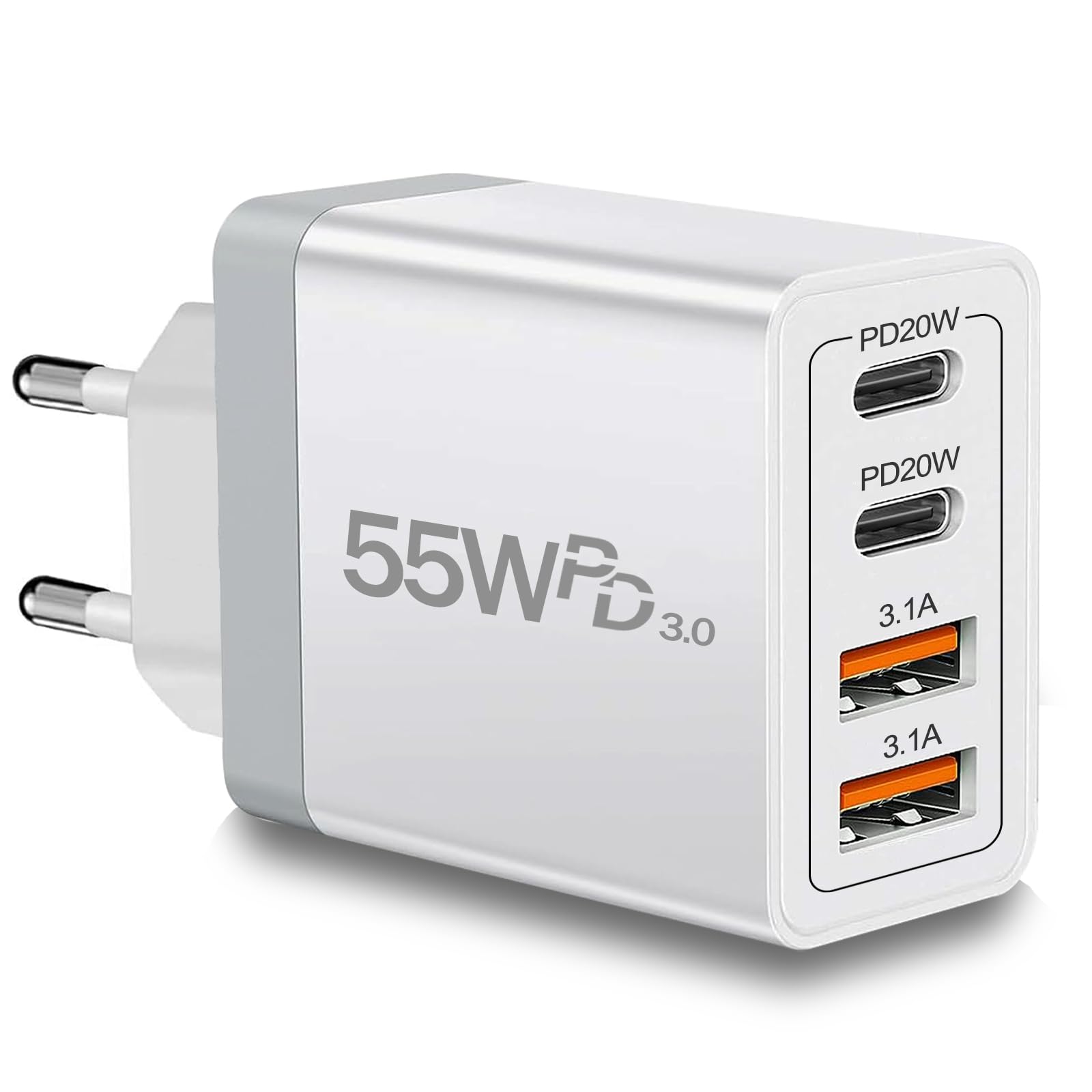 European Travel Plug Adapter USB C, 55W USB C European Charger 4-Port Fast Charger Type C Wall Charger USA to Europe Plug Adapter for iPhone 16 15 14 13 12 11 Pro Max XS X 8, Galaxy, Android