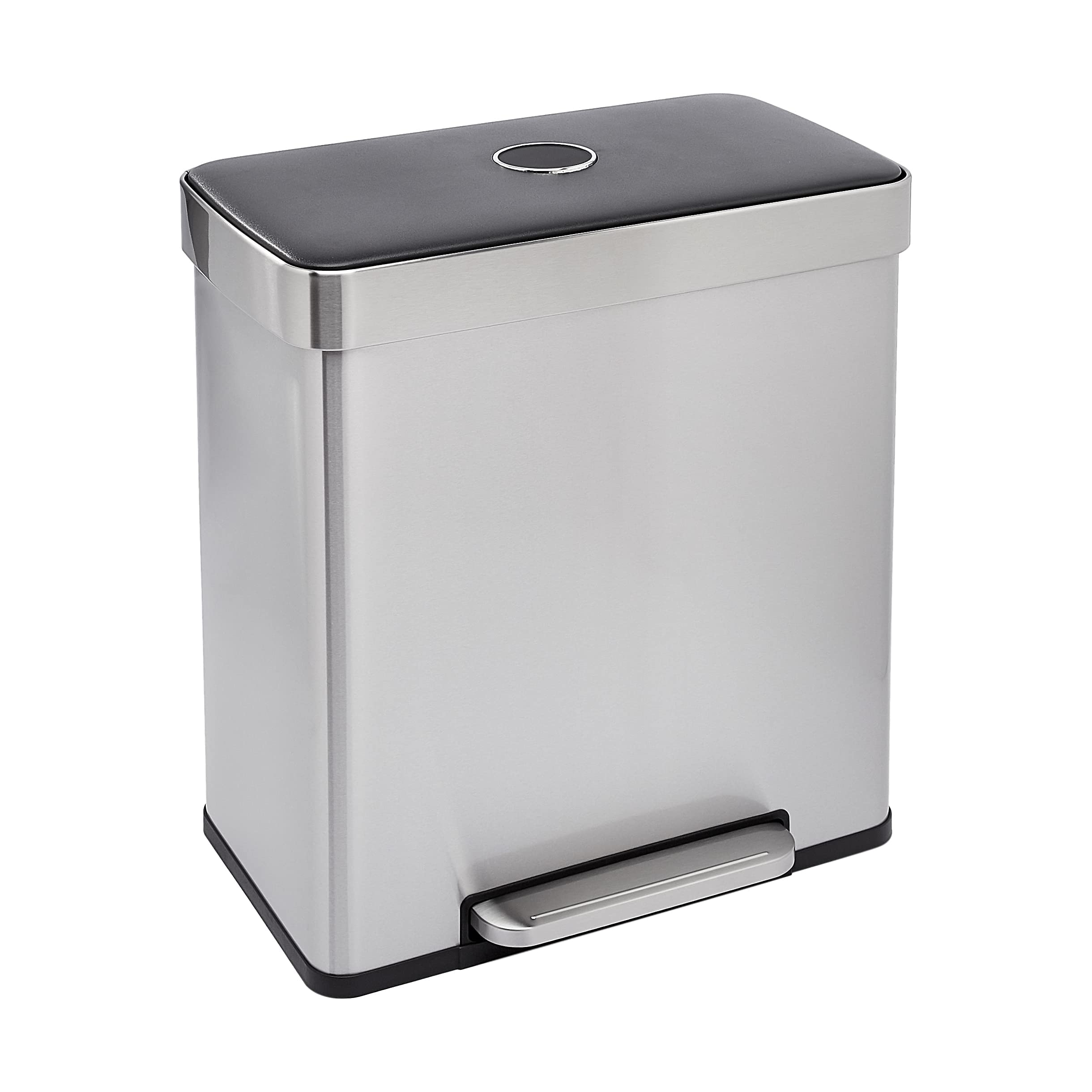 Amazon Basics Dual Compartment Recycling Trash Can with Soft-Close Lid and Removable Liner Buckets, 60 Liters, Rectangular, Grey, Silver