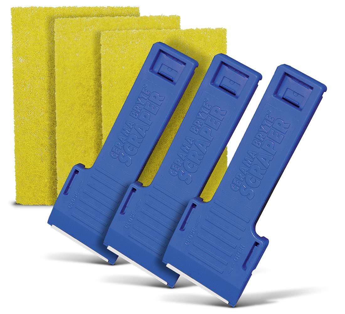 Cerama Bryte 3 x Scraper & 3 x Pad Kit Cooktop and Stove Top Cleaner for Glass - Ceramic Surfaces, 6 Piece Set