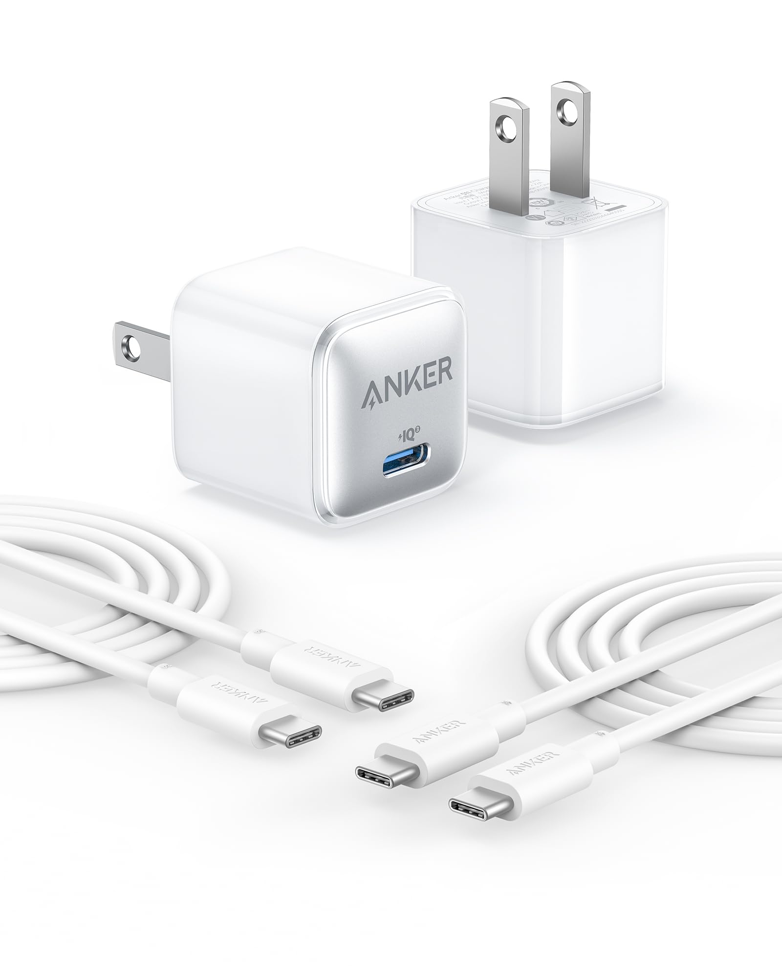 Anker USB C Charger Block 20W, 511 Charger (Nano Pro), PIQ 3.0 Compact Fast Charger for iPhone 16/16 Plus/16 Pro/16 Pro Max, 15/14/13 Series, Galaxy, Pixel 4/3, iPad (2 Pack & 2 Cable)