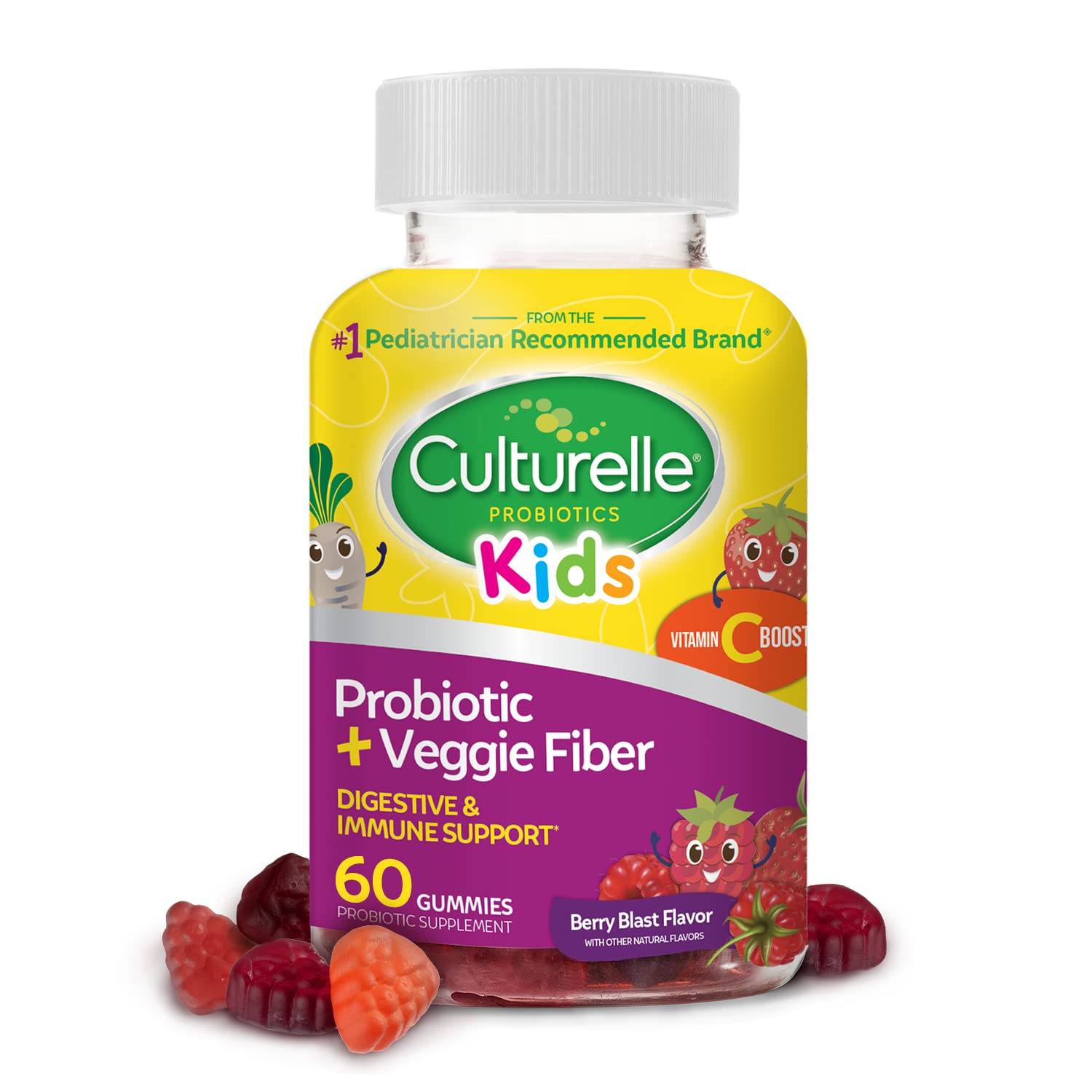 Culturelle Täglicher Probiotika für Kinder + Veggie-Ballaststoff-Gummis (ab 3 Jahren) – 60 Stück – Verdauungsgesundheit & Immununterstützung – Beerengeschmack mit Vitamin-C-Kick