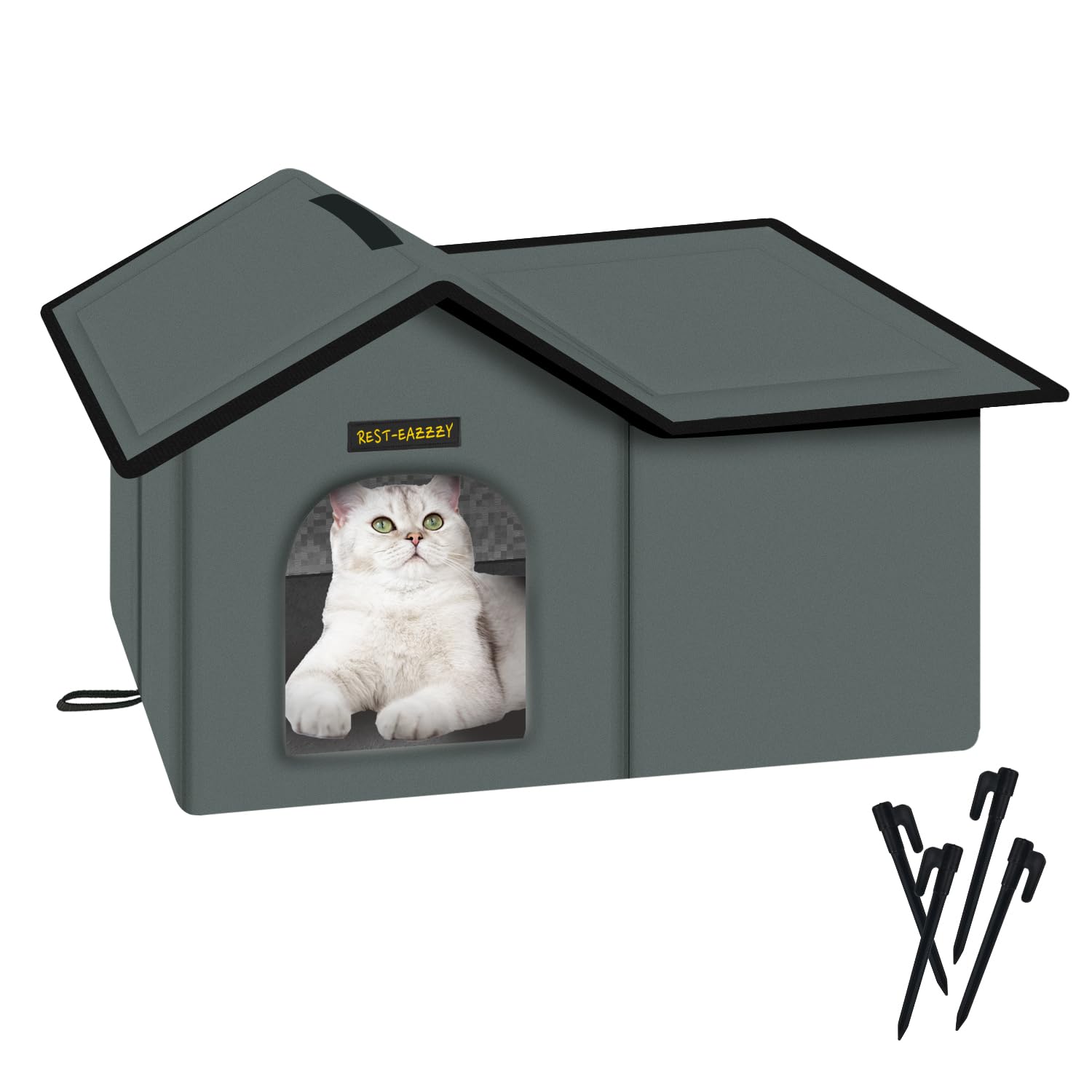 Rest-Eazzzy Cat House for Outdoor Cats, Weatherproof and Insulated Feral Cat House with Mat and Canopy, Easy to Put Together, Selfwarming Cat Shelter for Winter(13 * 13 * 14" Black with Support)