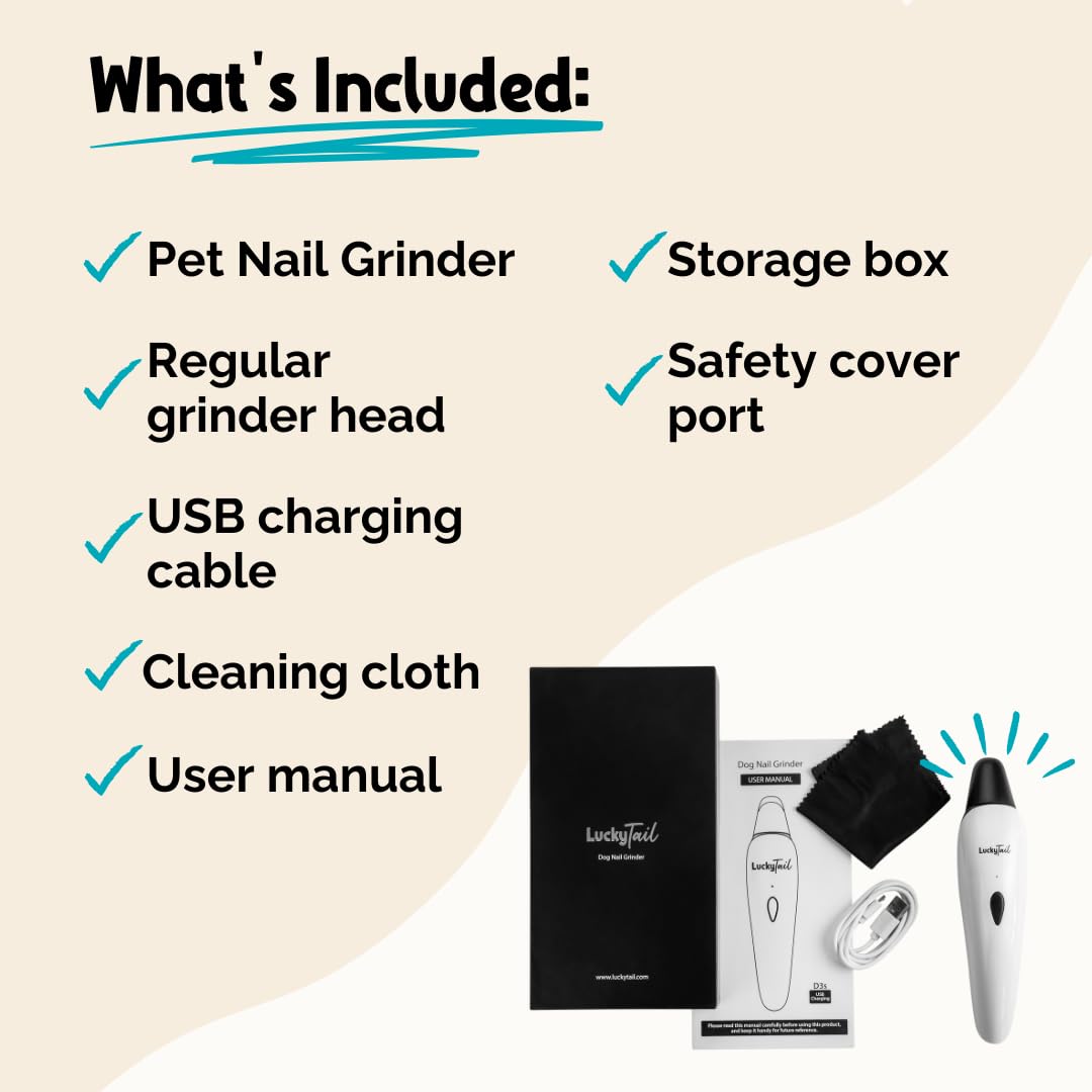 LuckyTail Pet Nail Grinder for Dogs and Cats - Super Quiet and Low Vibration Electric Dog Nail Grinder with 2 LED Lights - USB Rechargeable and Cordless - 2 Speeds - Small to Large Pets