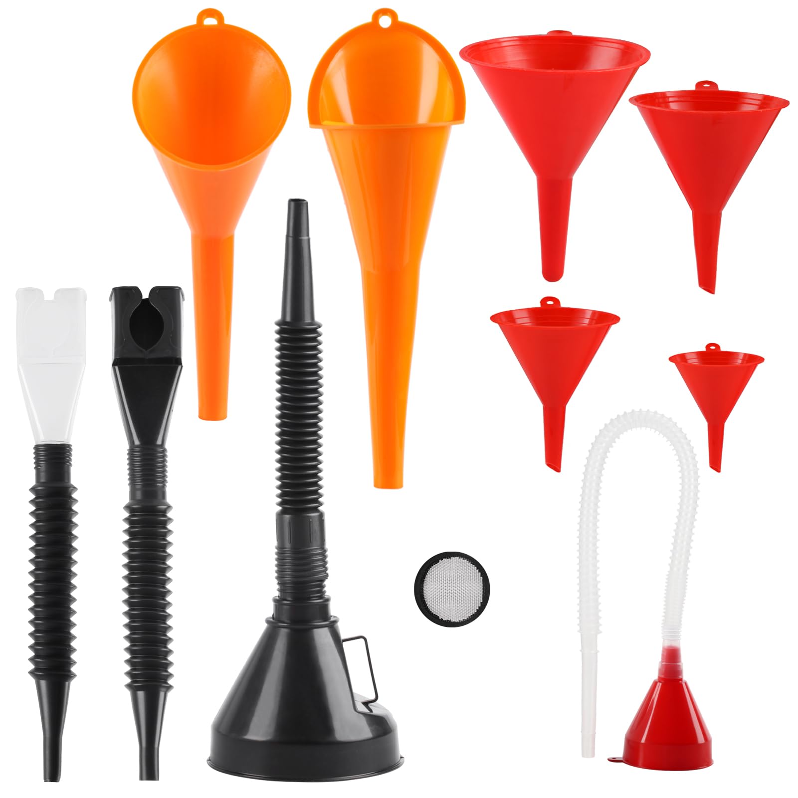 10 Pcs Automotive Funnels Set, Wide Mouth Fuel Funnels, Plastic Long Neck Oil Flexible Right Angle Funnelss, with Detachable Spout and Filter, Plastic Funnel Set for Water/Gasoline/Coolant/Engine Oil