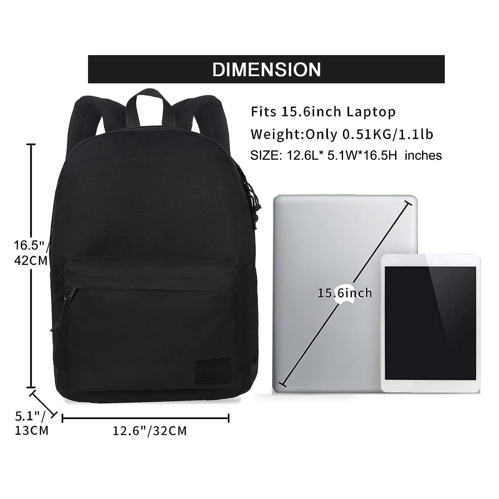 SUPACOOL Casual Laptop Backpack for Men and Women, School Backpack for Boys and Girls, College Bookbag, USB Charging Port, Lightweight Back Pack(Black)