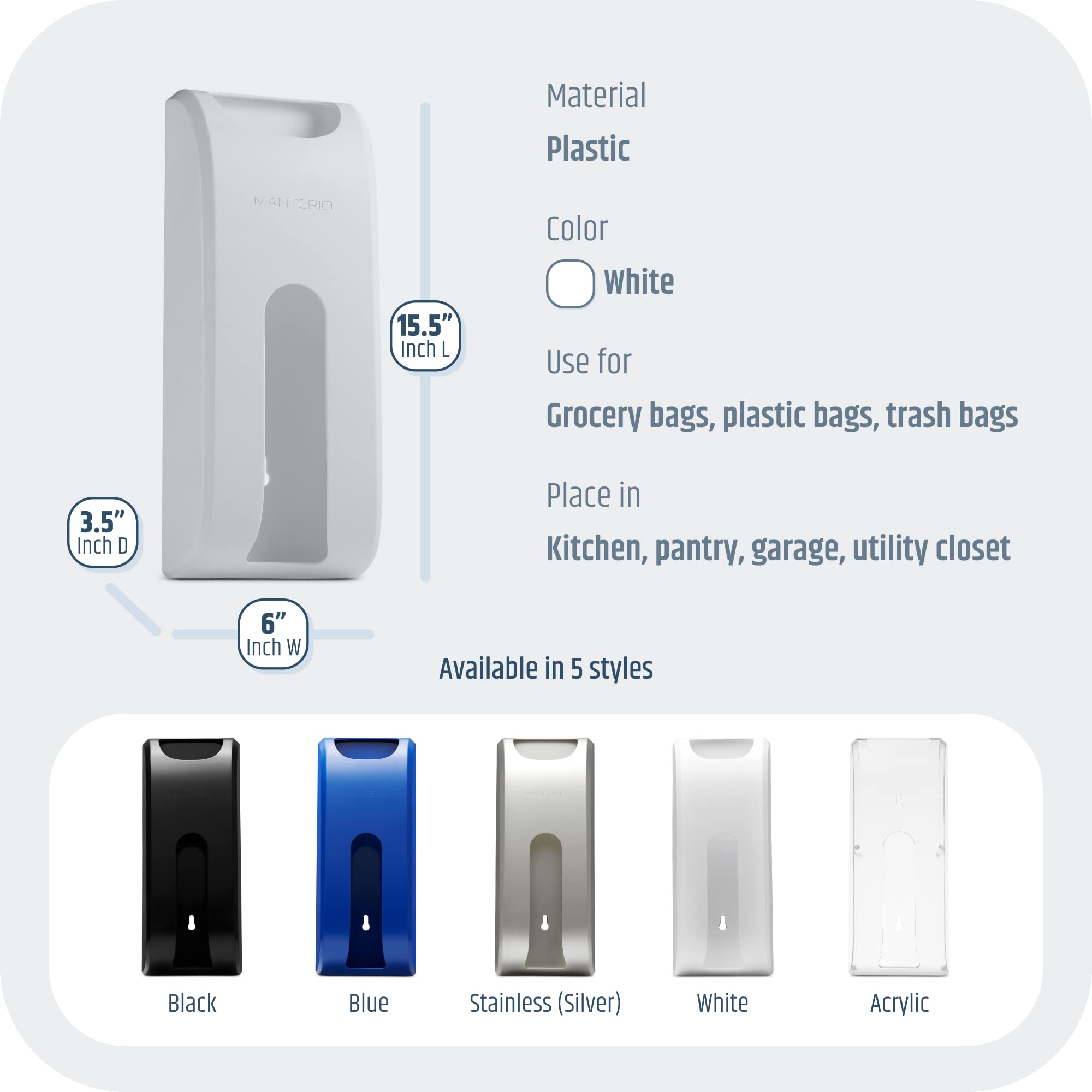 Manterio Wall-Mount Grocery Bag Dispenser | Space-Saving Design | Easy Install | Smudge-Proof, Fingerprint-Resistant | White | Holds Most Bags for Maximum Storage