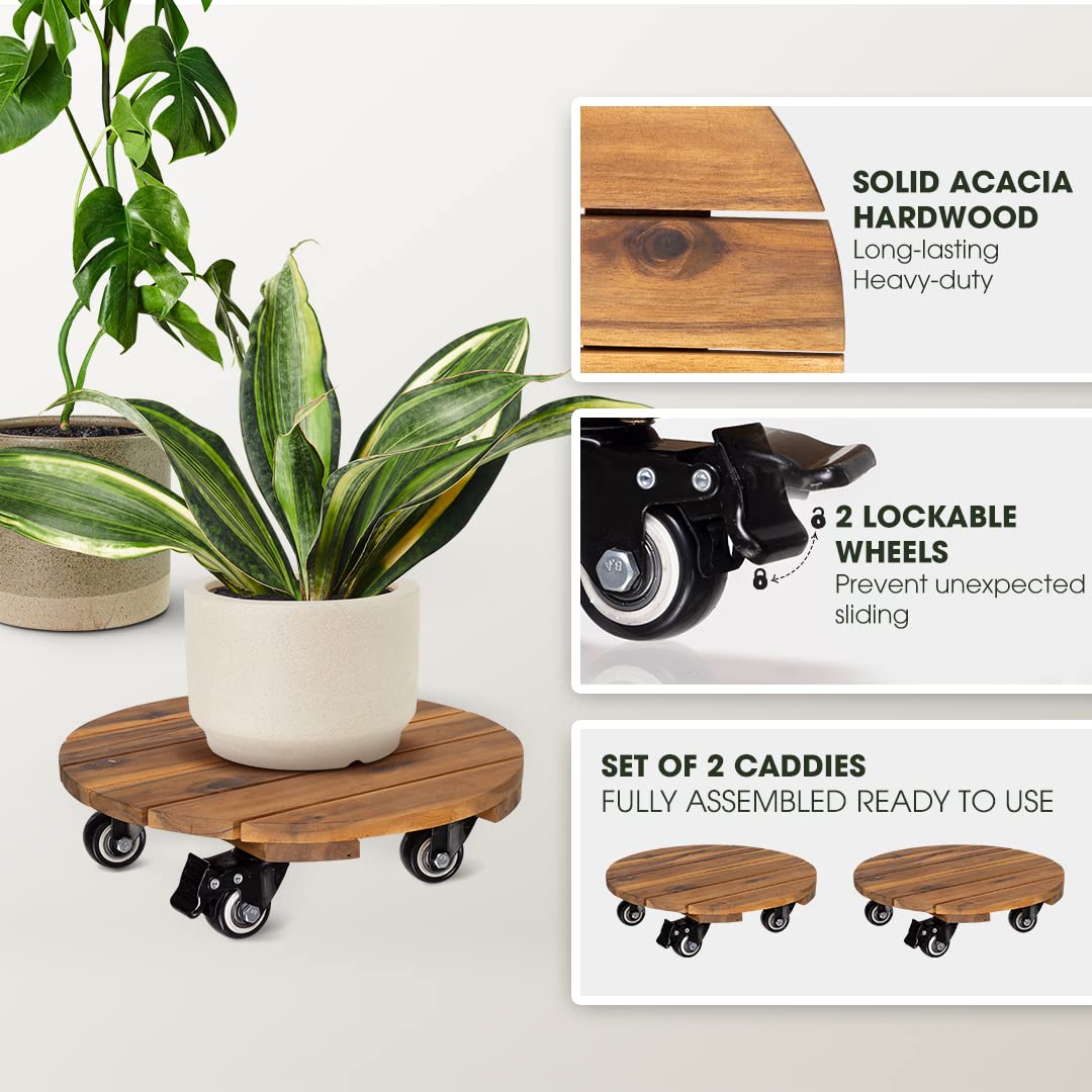 Idzo 2-Pack 14 Inch Acacia Wood Rolling Round Plant Caddy for Plant Pots, Heavy Duty Plant Stand with 360° Lockable Wheels, 264 lbs Capacity Caddy for Indoor and Outdoor Use, Natural Wood