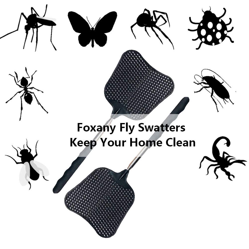 Foxany Telescopic Fly Swatters, Durable Plastic Fly Swatter Heavy Duty Set, Flyswatter with Stainless Steel Handle for Indoor/Outdoor/Classroom (2 Pack)