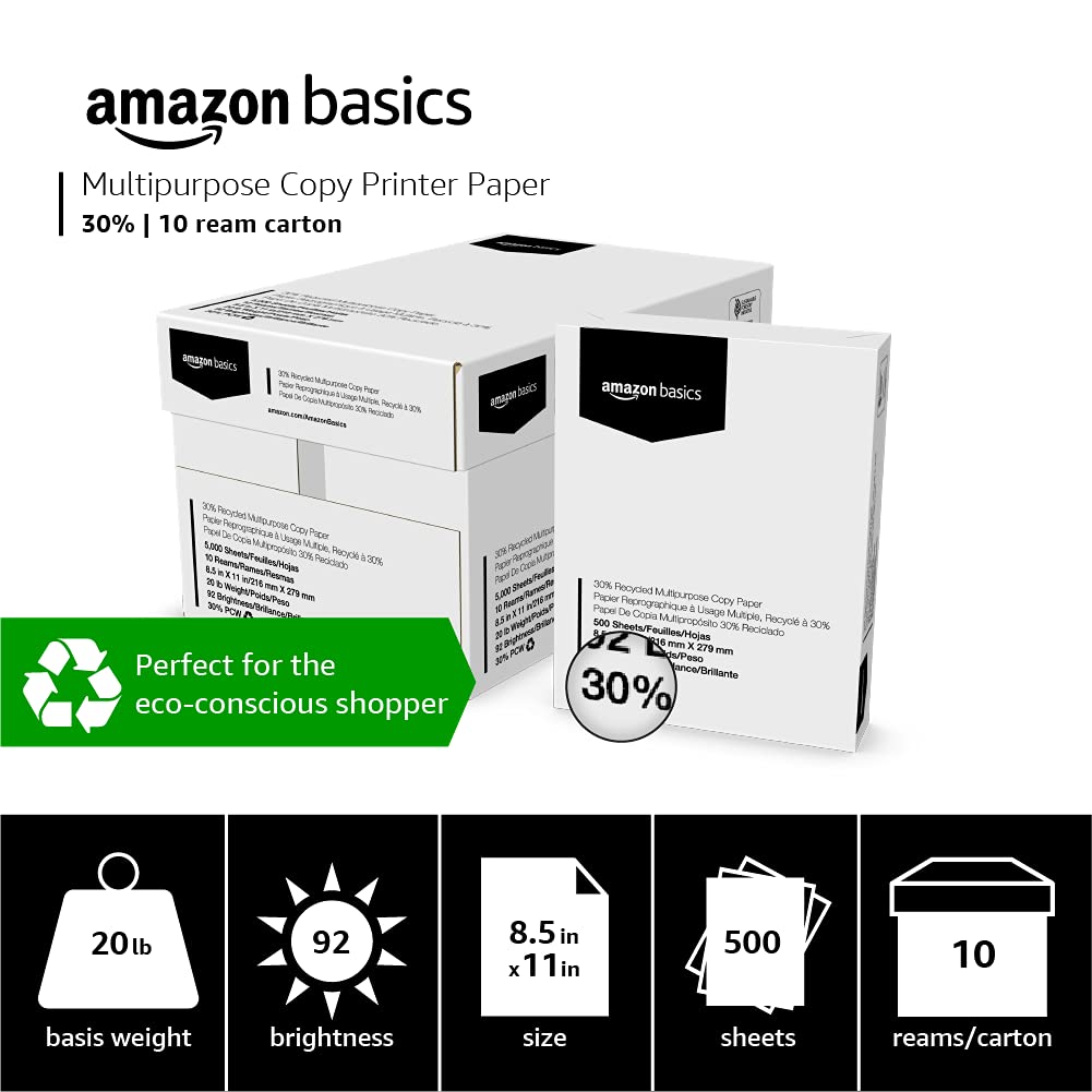 Amazon Basics 30% Recycled Multipurpose Copy Printer Paper, 8.5" x 11", 3 Reams, 1500 Count (Sheets), White