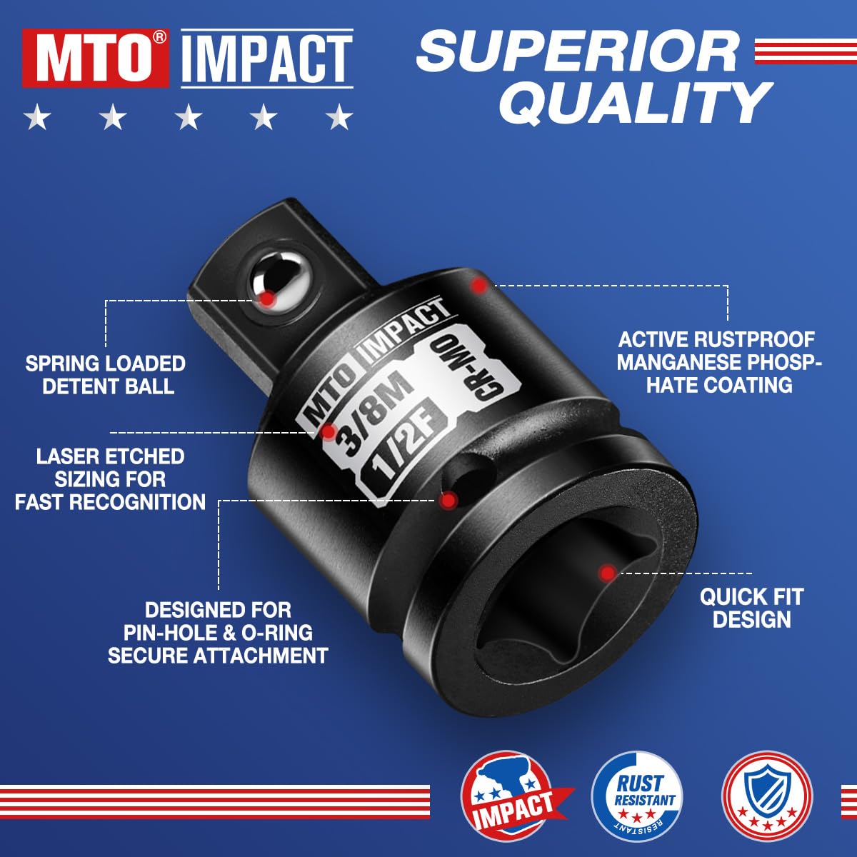MTO 2-Piece 1/2" Female to 3/8" Male Impact Socket Adapter Set, 1/2" Drive Impact Driver Conversions for Impact Wrench, Chrome Molybdenum Alloy Steel