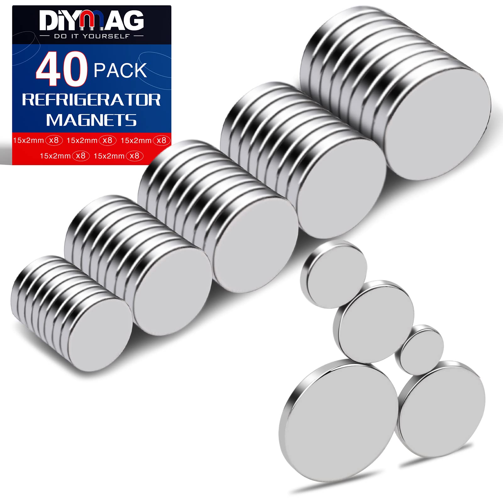 DIYMAG Small Rare Earth Magnets, 40 Pack, 5 Sizes - Neodymium Magnets for Refrigerator, DIY, Crafts, Kitchen & Office