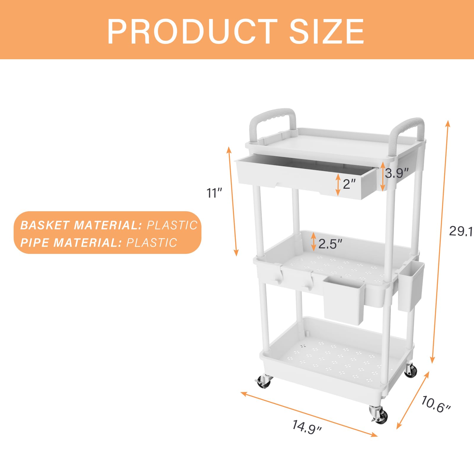 3 Tier Rolling Utility Cart with Drawer,REBECAT Utility Cart Made of Multifunctional Storage Organizer Tool for Kitchen,Bathroom,Living Room,Office(White)