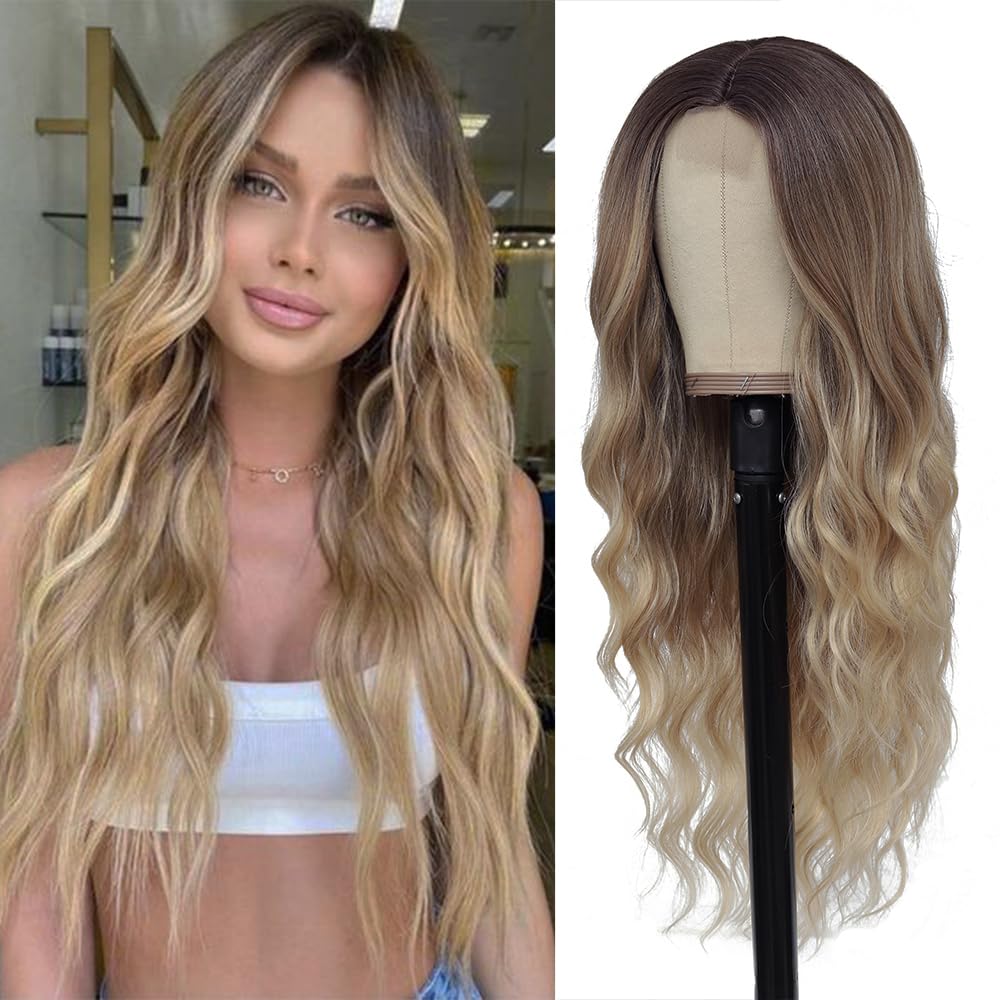 HMHIFI Lange Ombre Blonde Perücken für Frauen 26 Zoll Lange Gewellte Mittelscheitel Perücke Ombre Blonde Perücken Verbesserte Proteinfaser Haarersatz Perücke Cosplay Kostüm Halloween Perücke (26'' Braun Ombre Blond)