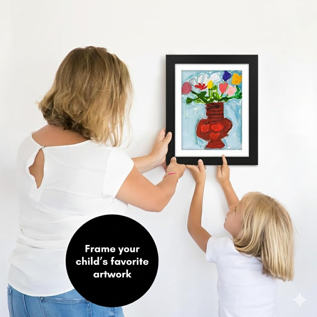 Kids Artwork Frame Changeable (Black) - Magnetic Door Holds 100 Art Pieces - 8.5x11 Letter Size Display with Mat or 10x12.5 Without Mat - My Mini Masterpiece