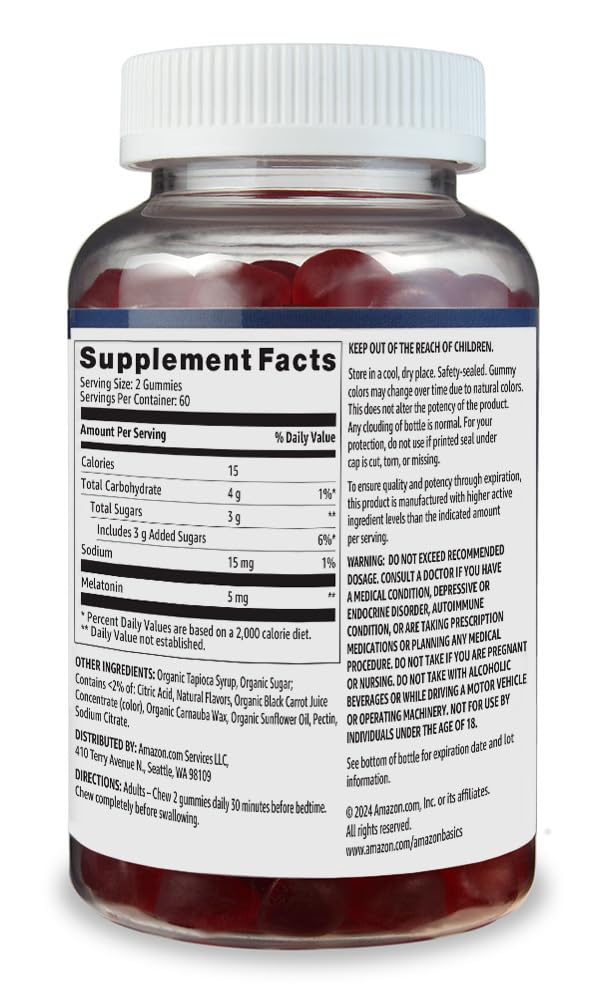 Amazon Basics Melatonin, Sleep Support Gummies, Strawberry Flavor, 5mg, 120 Count (Previously Solimo)