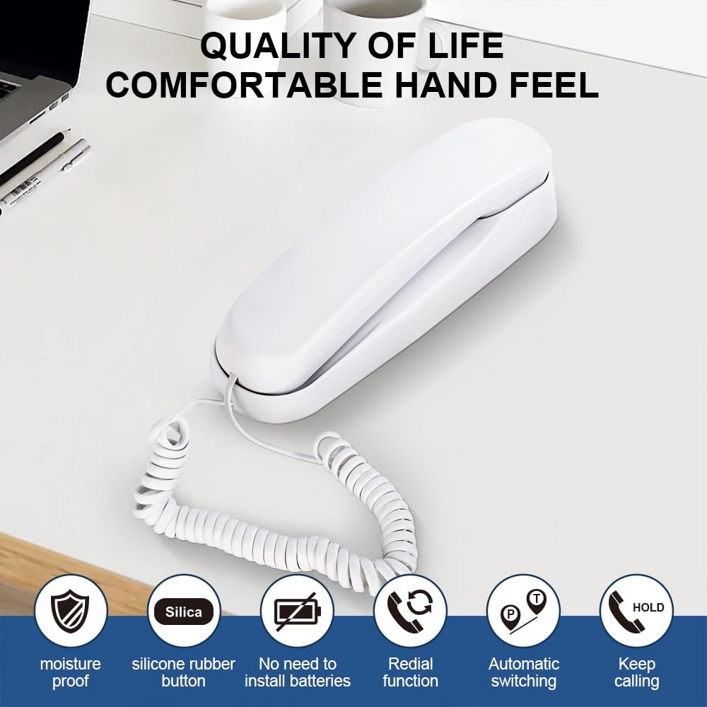 White OF-990 Slimline Telephone Wall-Mountable Basic Corded Telephone No AC Power Required, Corded Home Phone