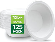 100% Compostable Disposable Paper Bowls [125-Pack] - {PFAS-Free} - {BPI Certified} - [12 oz] Heavy Duty, Eco-Friendly, Biodegradable Bagasse Hot Soup Bowls - Thick White 12oz Bowl Plates by Stack Man