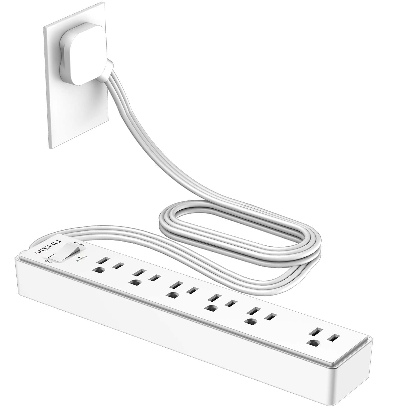 5Ft Flat Extension Cord with Multiple Outlets - YISHU Ultra Thin Flat Plug Surge Protector Power Strip(1680Joules) 1 Wide Spaced AC Outlet and 5 AC Outlets for Home, Office, Dorm Room Essentials