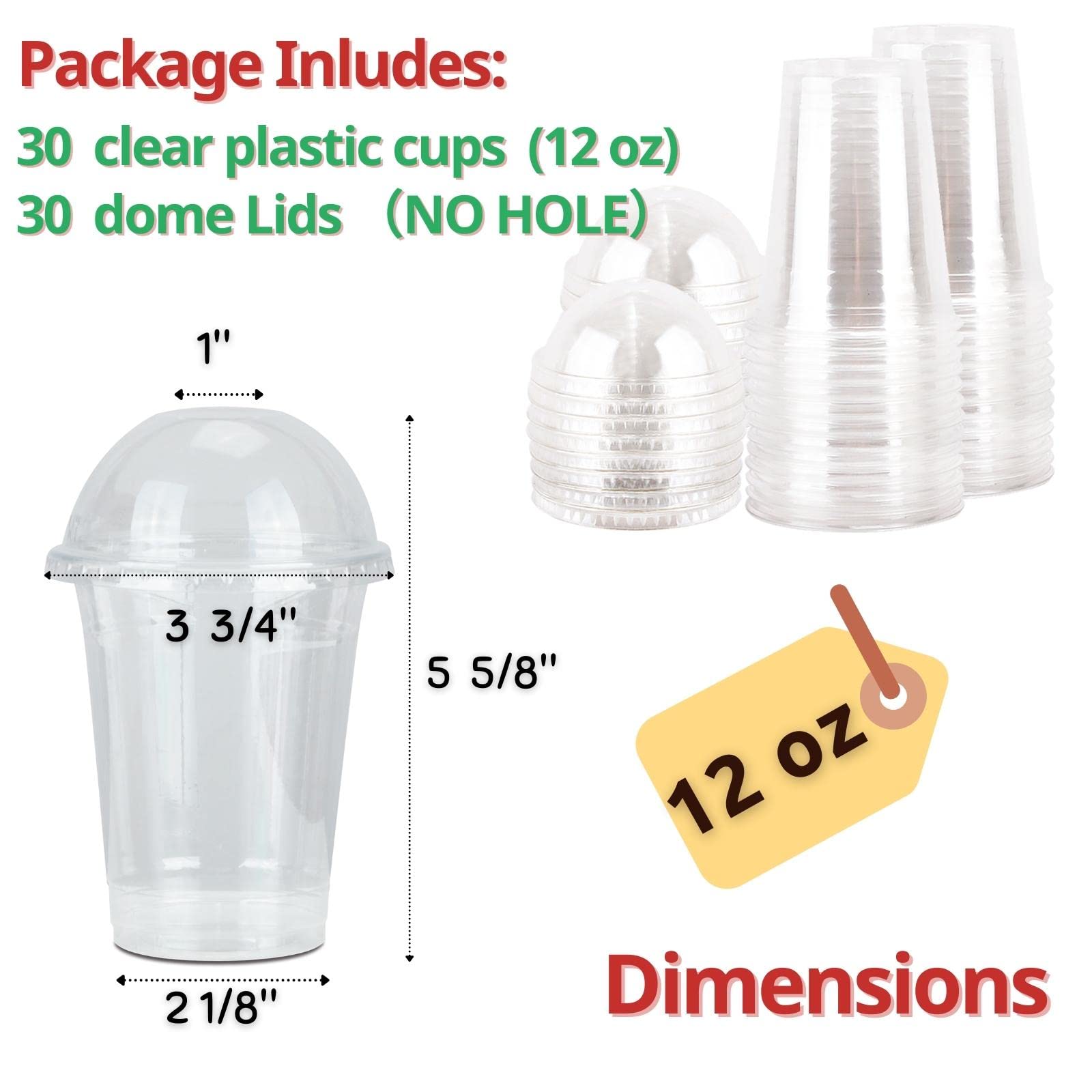 12 oz Clear Plastic Cups with Dome Lids No Hole - (30 Sets) PET Disposable Dessert Cup, Parfait cup for Ice Cream, Iced Cold Coffee Drinks, Cupcake. Fruit Cups for Kids bday Party with Nice Sealing