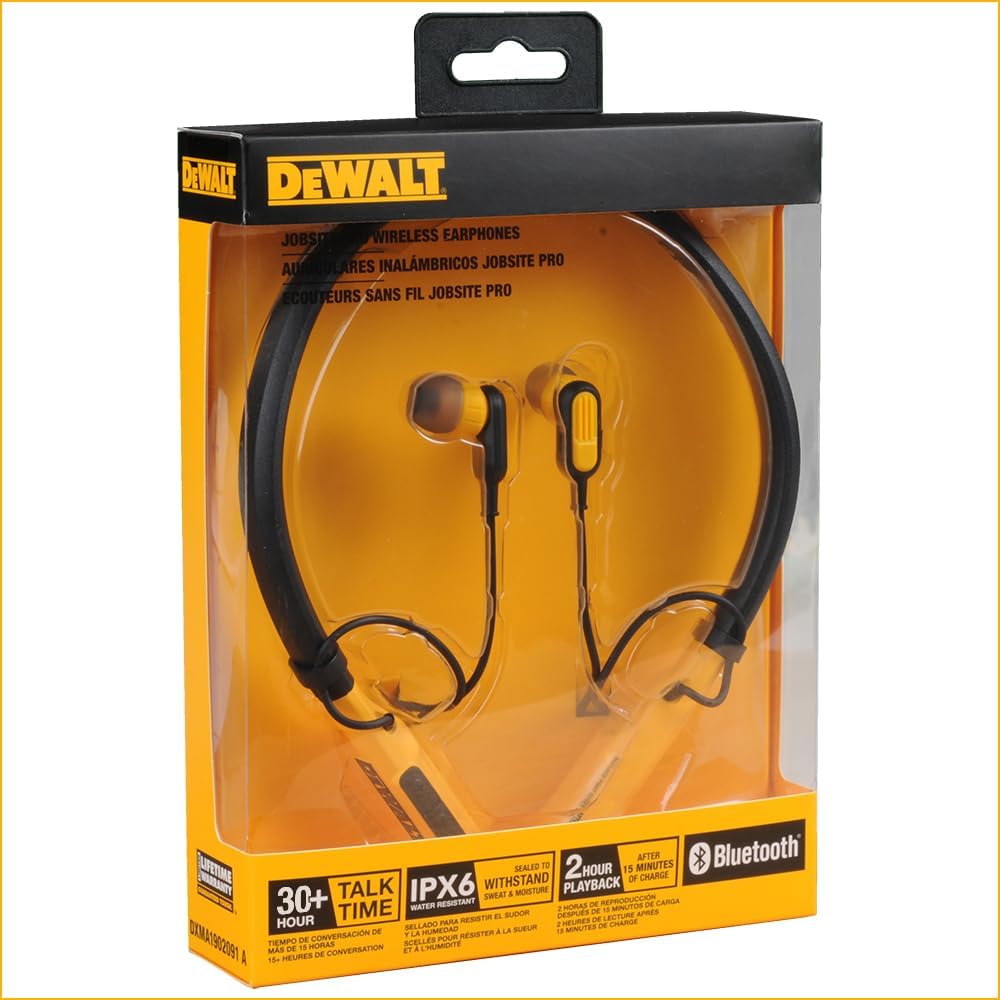 DEWALT Heavy Duty Bluetooth Neckband Headphones, Wireless Around The Neck Earbuds w/ 30H Runtime + Noise Isolation, Secure Magnetic Wireless Earbuds, Jobsite Pro Built-in Mic Bluetooth Headsets